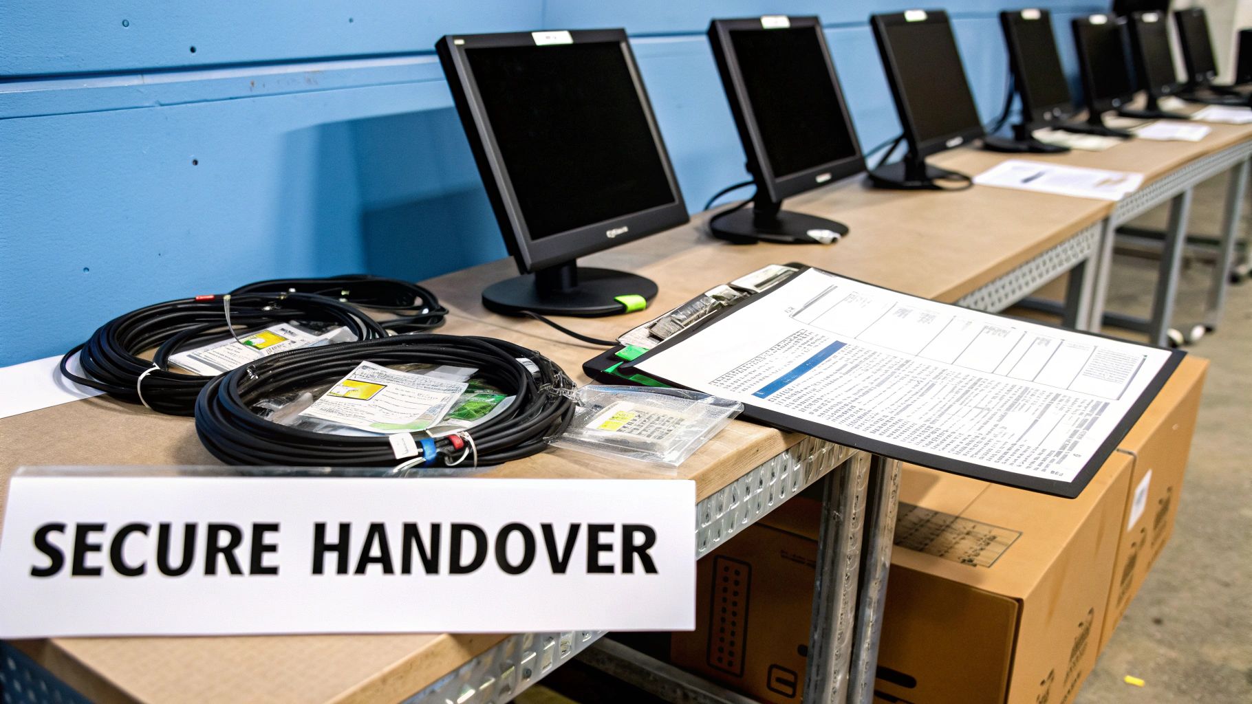 Computer monitors, cables, and documents arranged on a long table for a secure handover process.