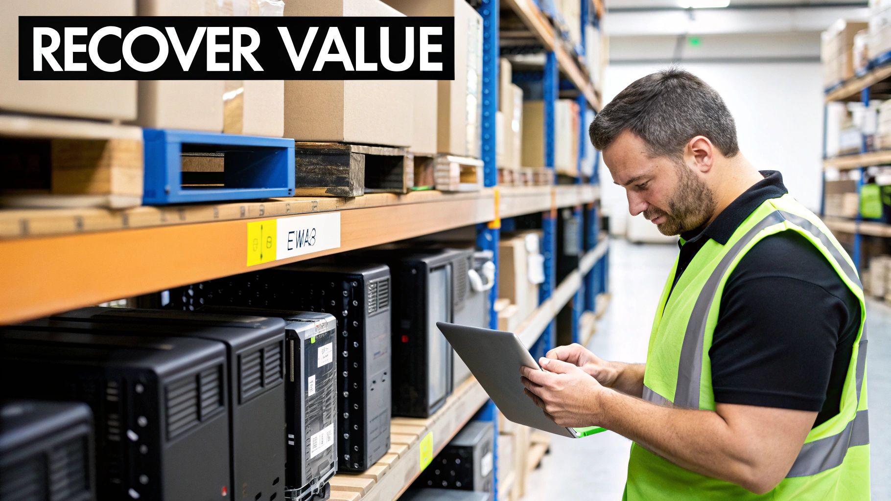 Warehouse worker in a high-vis vest scanning electronic equipment on shelves with a tablet.