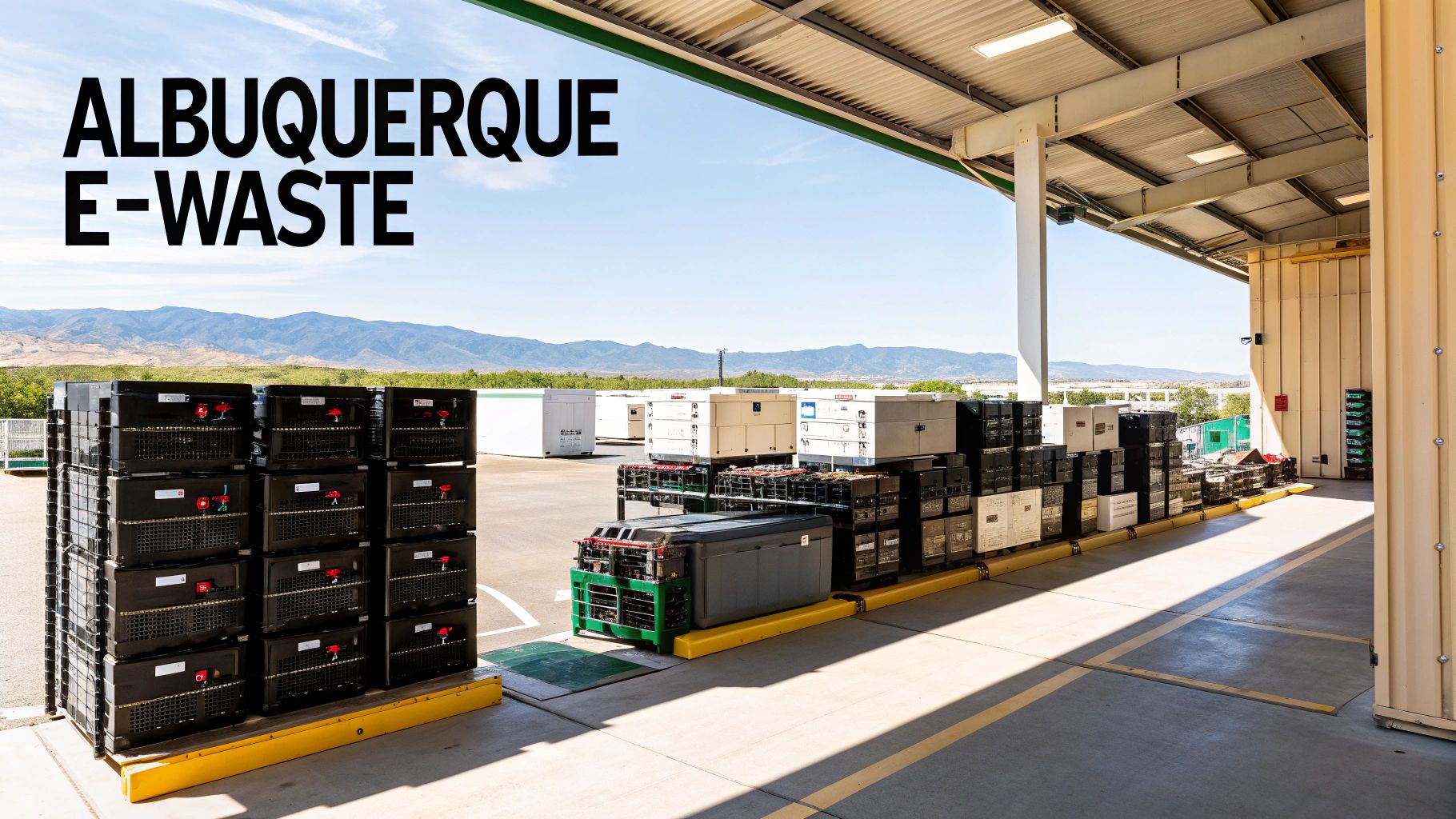 Albuquerque e-waste recycling facility with stacked electronic components and equipment under a clear sky.