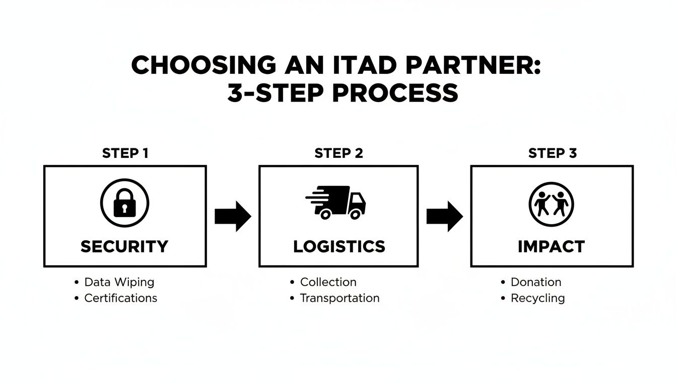 Choosing an ITAD partner 3-step process diagram highlighting security, logistics, and impact with icons representing data wiping, collection, and recycling.