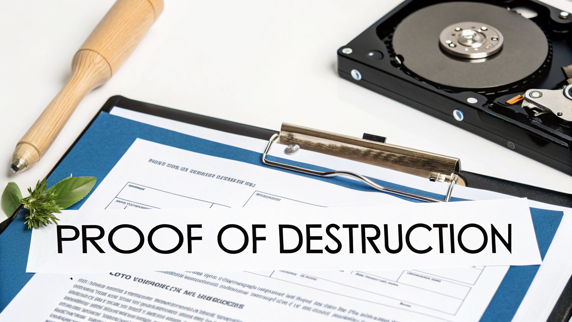 A document titled 'PROOF OF DESTRUCTION' on a clipboard next to an opened hard drive and a stylus.
