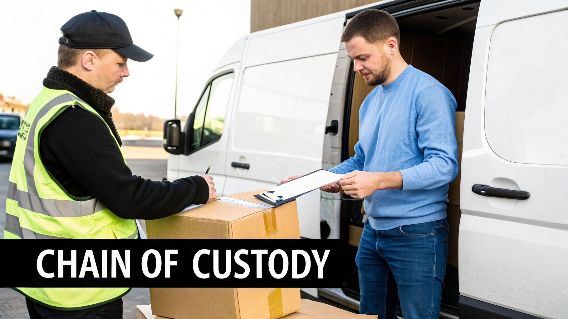 Delivery driver signing chain of custody documents with a customer next to a white van and packages.