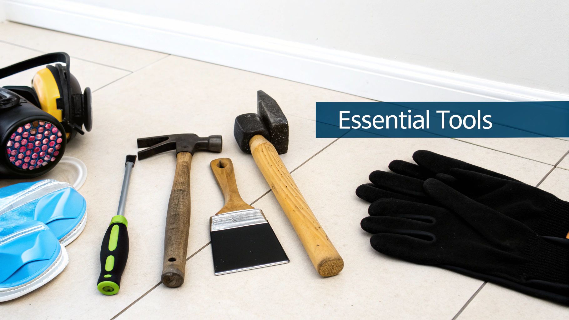 A collection of essential hand tools including hammers, a screwdriver, a scraper, safety gloves, and ear protection on a tiled floor.