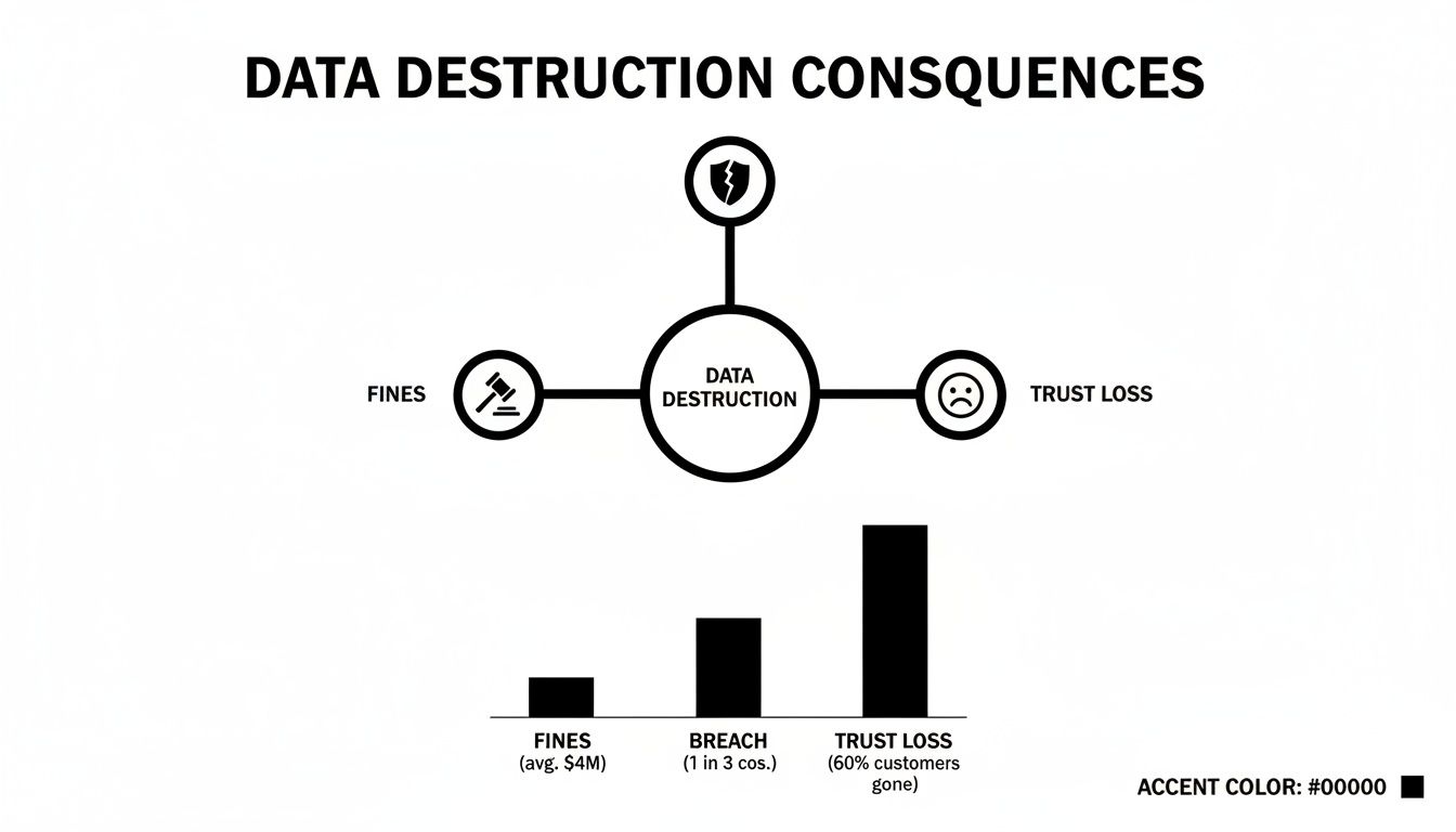 Diagram showing data destruction consequences: fines, breaches, and trust loss, with a bar chart comparing their impact.