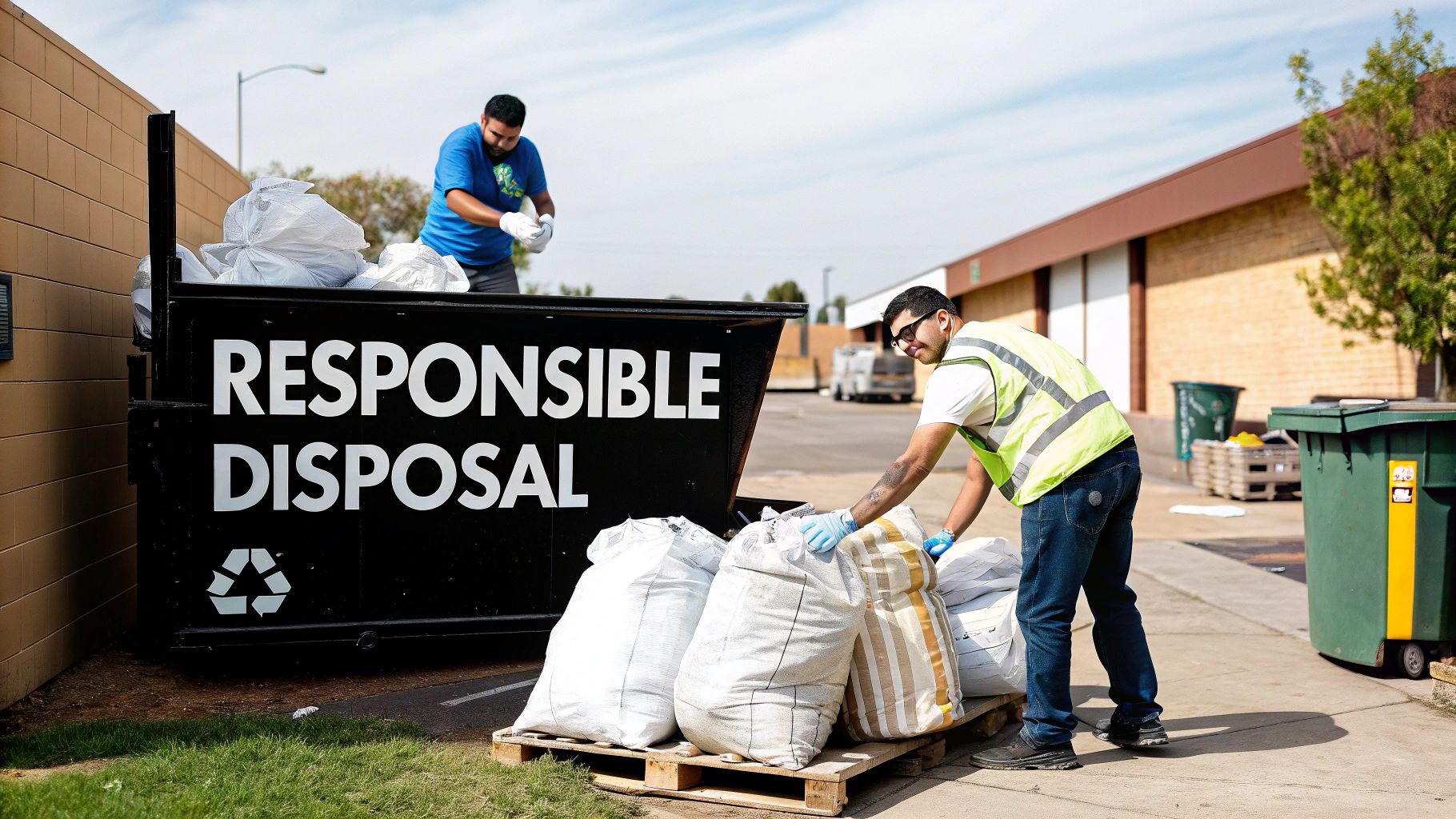 Two workers load bags into a large dumpster labeled 'RESPONSIBLE DISPOSAL' with a recycling symbol.