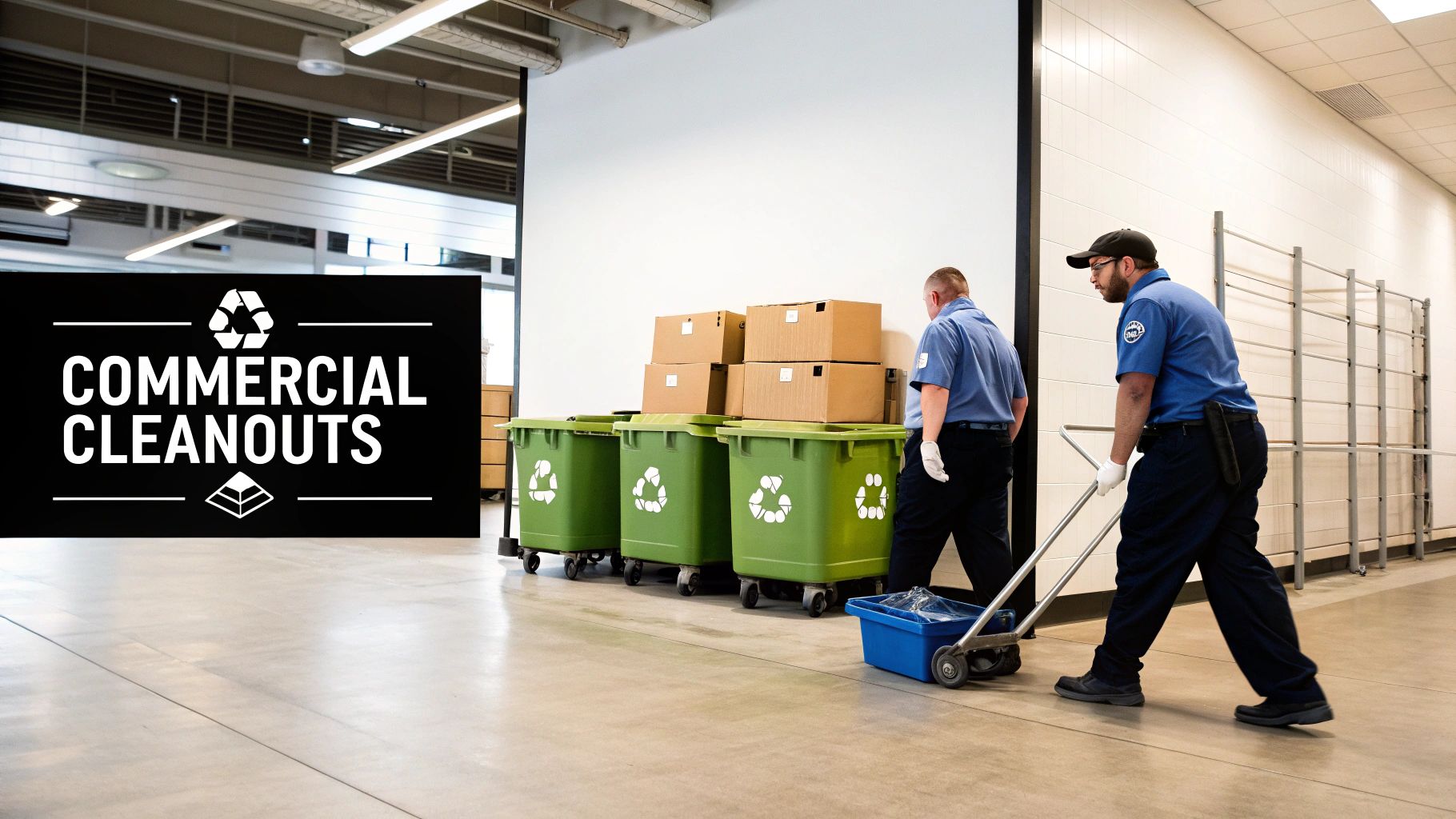 Two workers in uniforms move green recycling bins and a cart, with stacked boxes behind them, indicating commercial cleanout services.