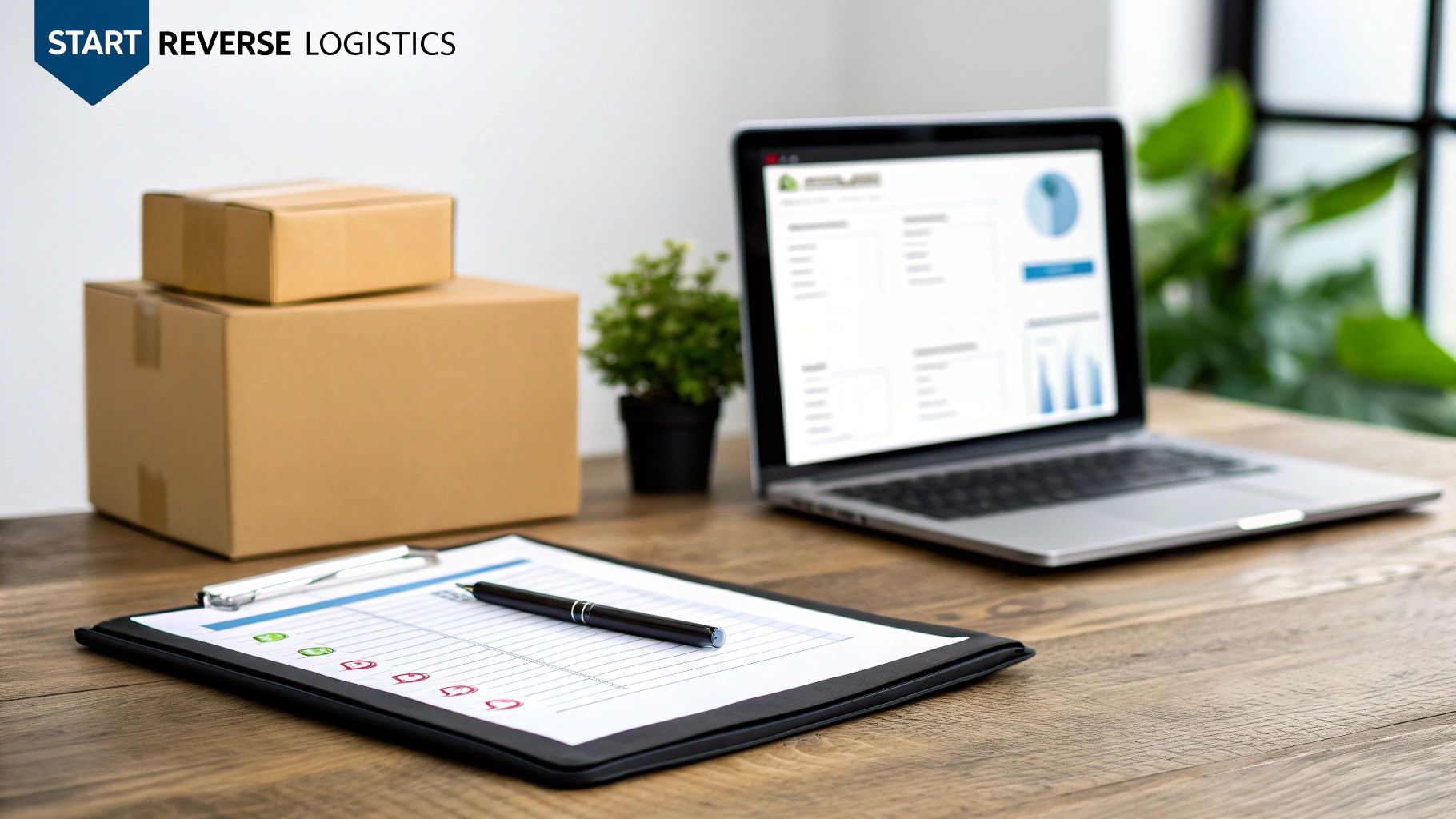 A desk setup with cardboard boxes, a laptop showing logistics data, and a checklist, indicating reverse logistics management.