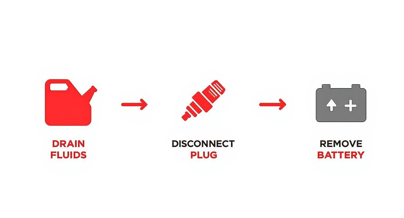 Three-step lawn mower disposal process: drain fluids, disconnect spark plug, and remove battery