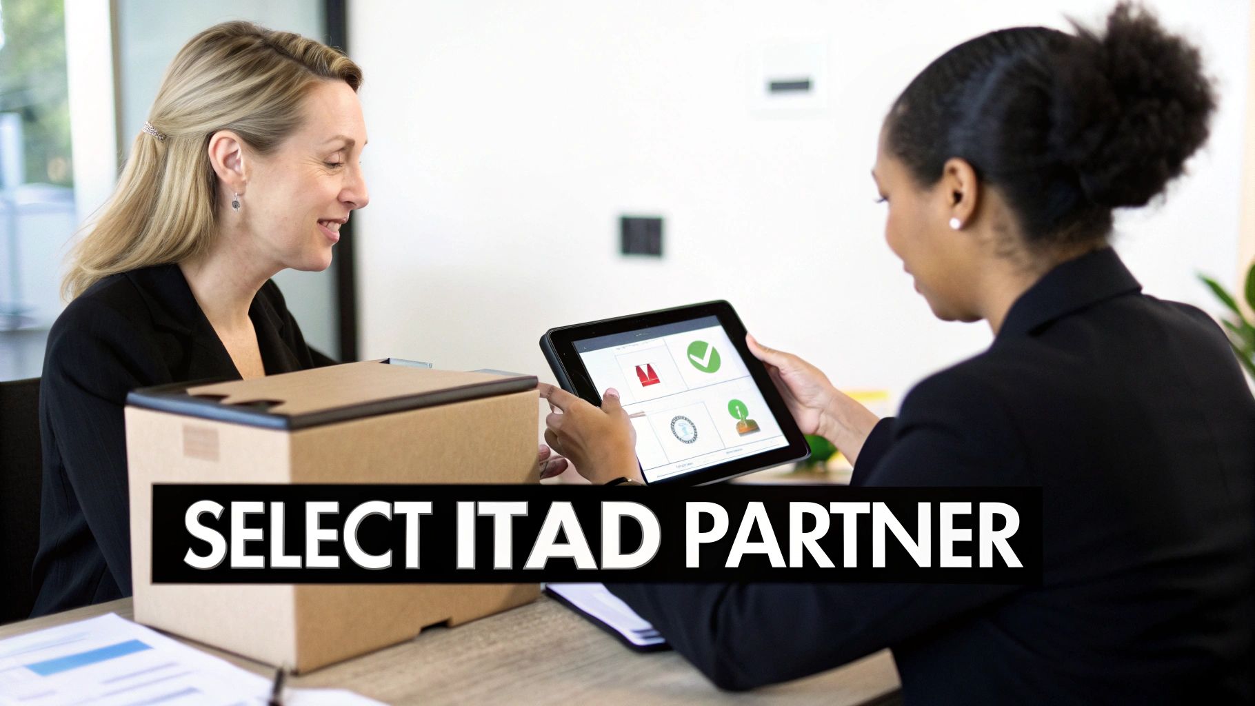 Two businesswomen review options on a tablet, potentially discussing ITAD partnership services.