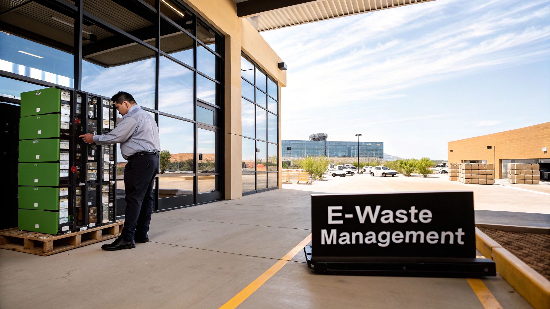 A man manages e-waste, sorting electronics outside a facility with an 'E-Waste Management' sign.