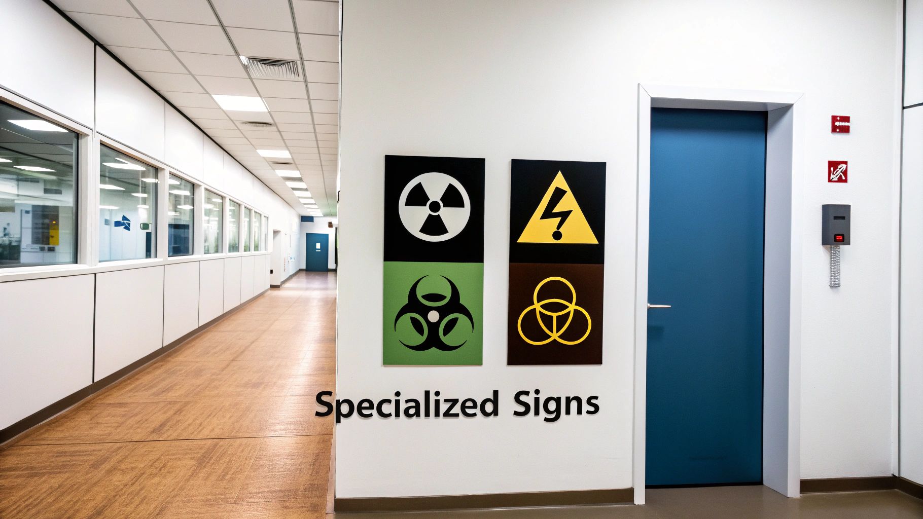 Laboratory hallway with specialized hazard signs for radiation, biohazard, electrical, and other dangers near a blue door.