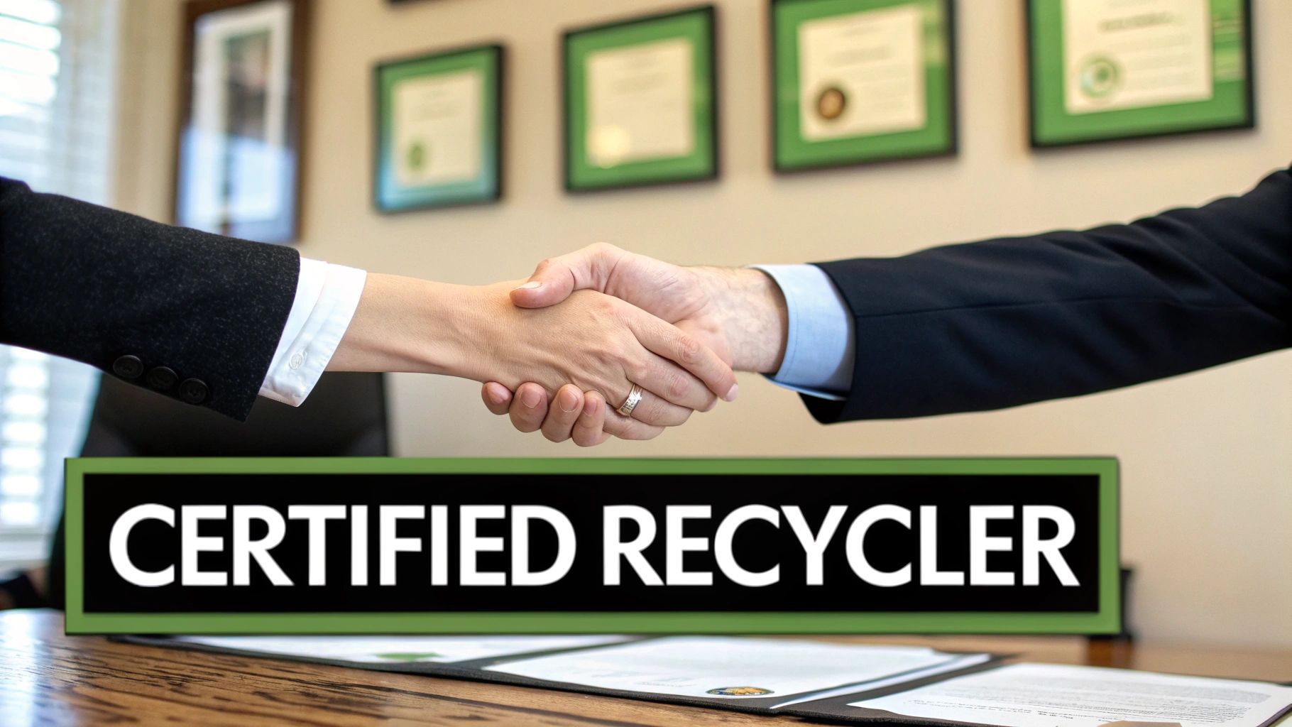 Hands shaking with "CERTIFIED RECYCLER" text, symbolizing partnership in responsible computer recycling and secure data destruction by Reworx Recycling.