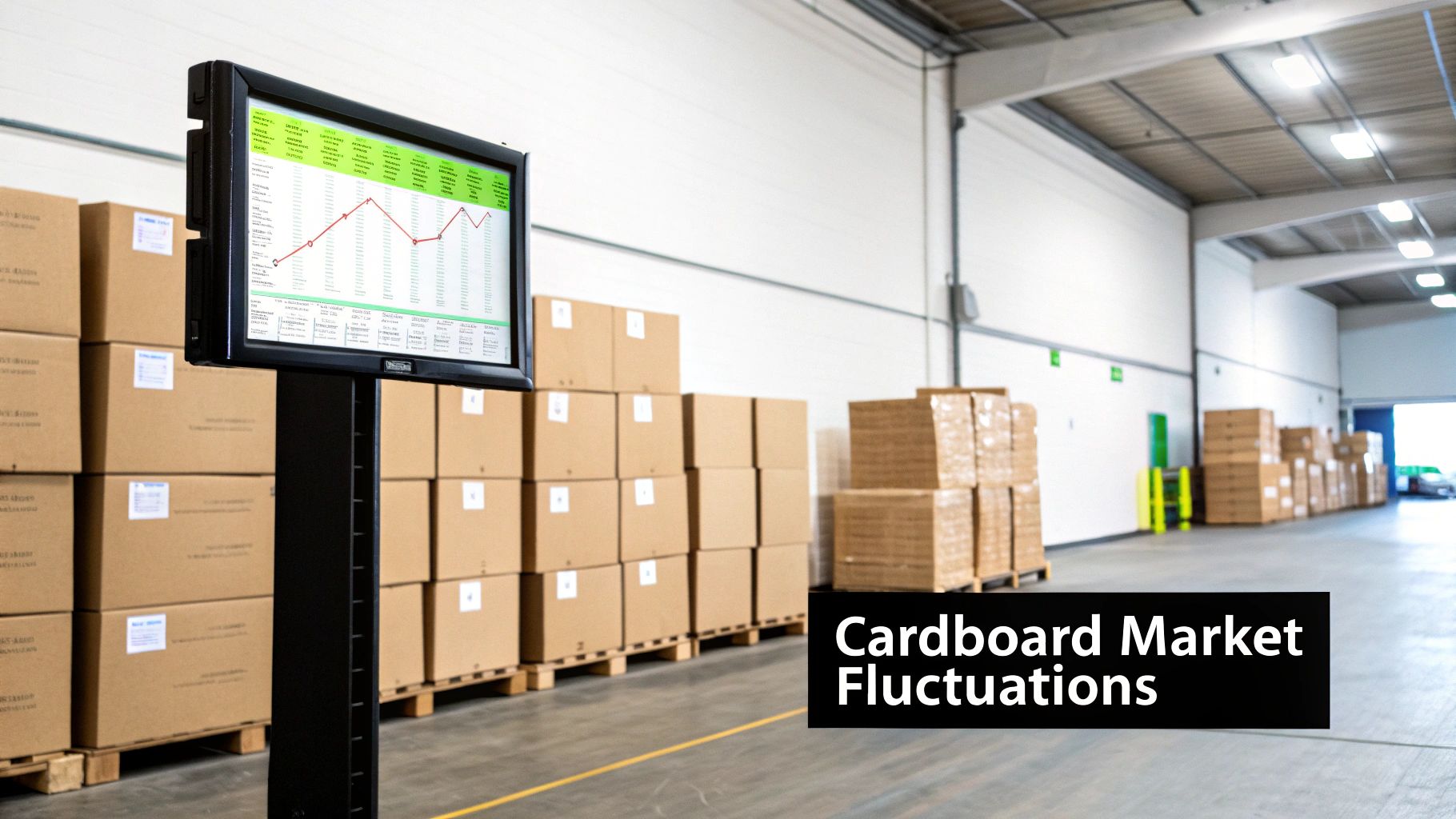 A warehouse scene with stacks of cardboard boxes and a digital display showing market fluctuations.