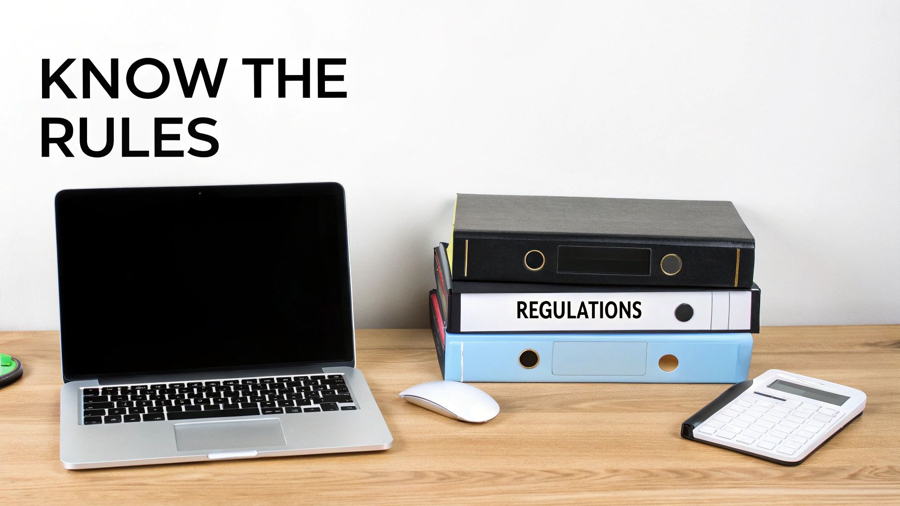 Office desk with laptop, mouse, calculator, and binders, one labeled 'REGULATIONS'. Text 'KNOW THE RULES' on the white wall.
