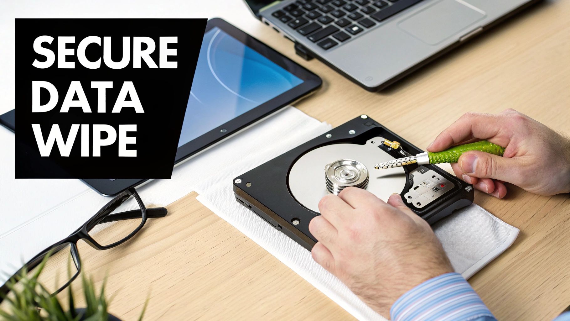 Hands disassembling a hard drive with a screwdriver, illustrating a secure data wipe process.