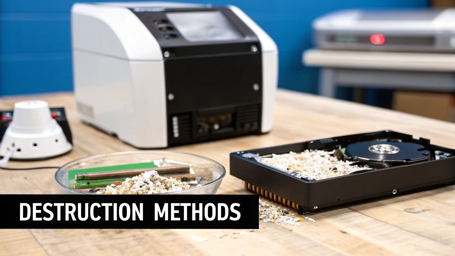 Industrial hard drive shredder machine in action