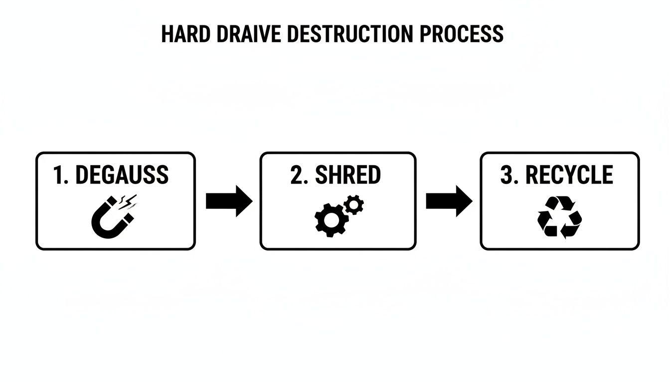 Diagram illustrating the three-step hard drive destruction process: degauss, shred, and recycle.