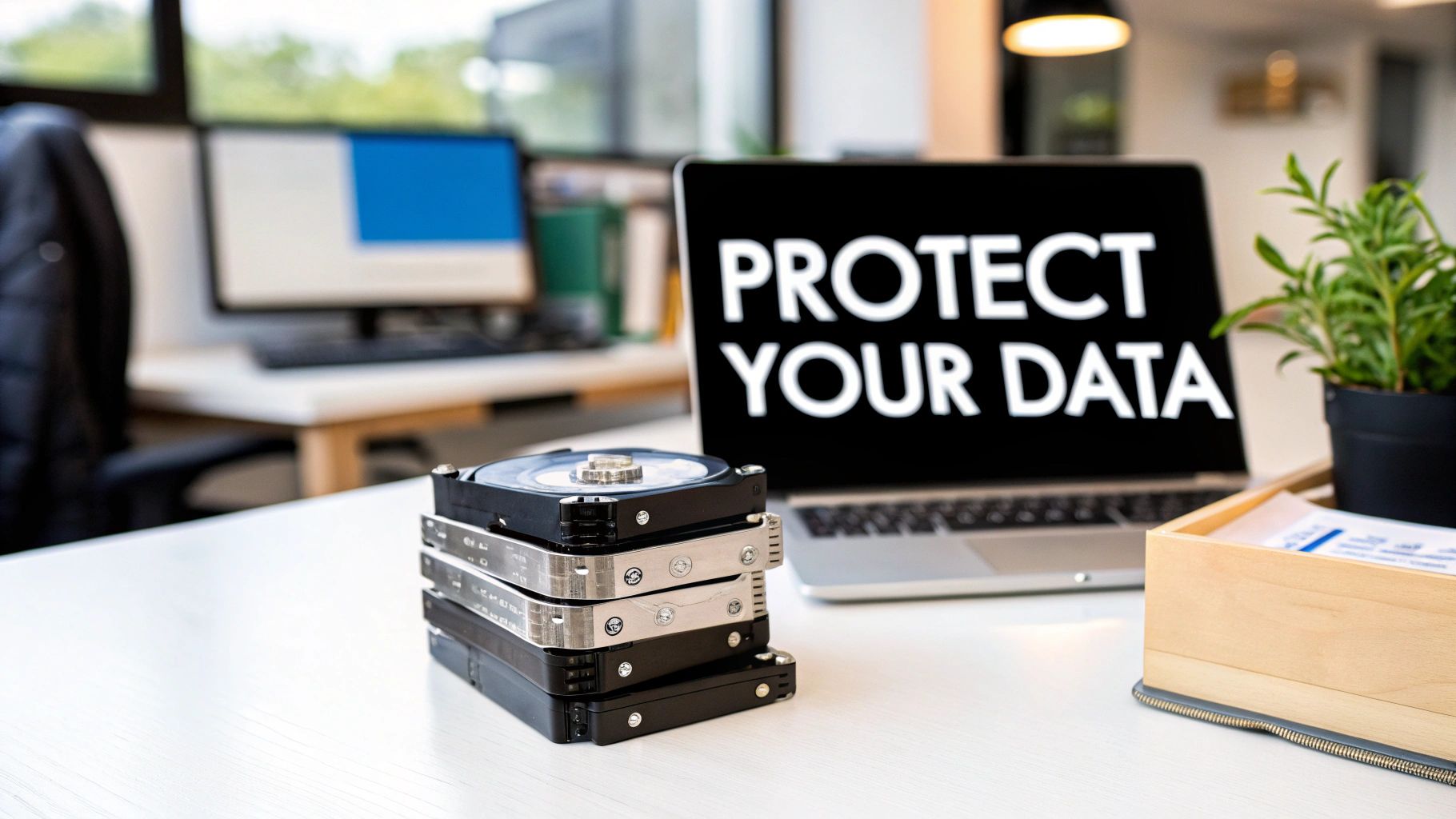 A stack of hard drives on a white desk next to a laptop displaying 'PROTECT YOUR DATA', emphasizing data security.