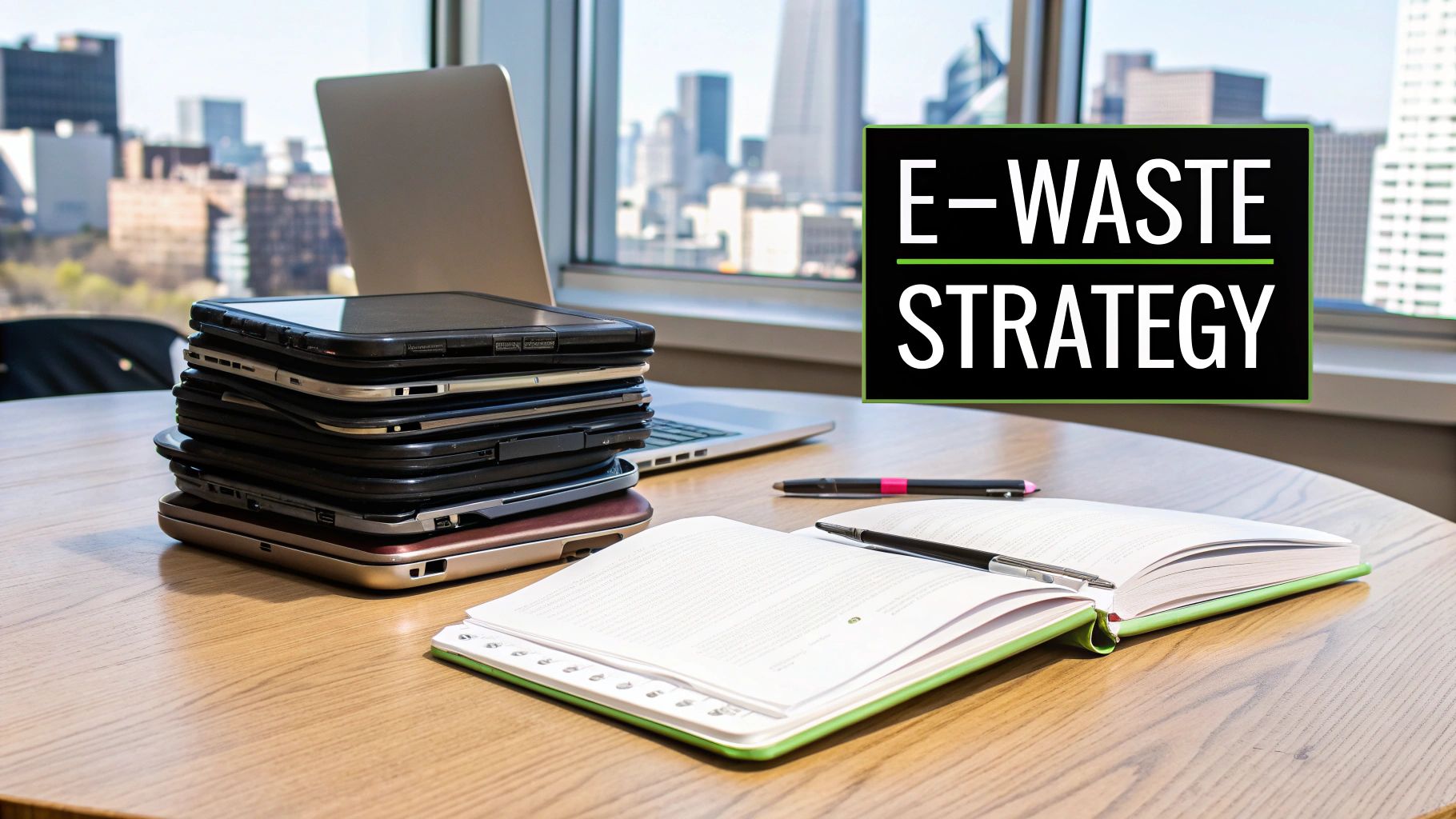 A pile of old electronic devices like laptops and tablets on a desk with a "E-WASTE STRATEGY" sign.