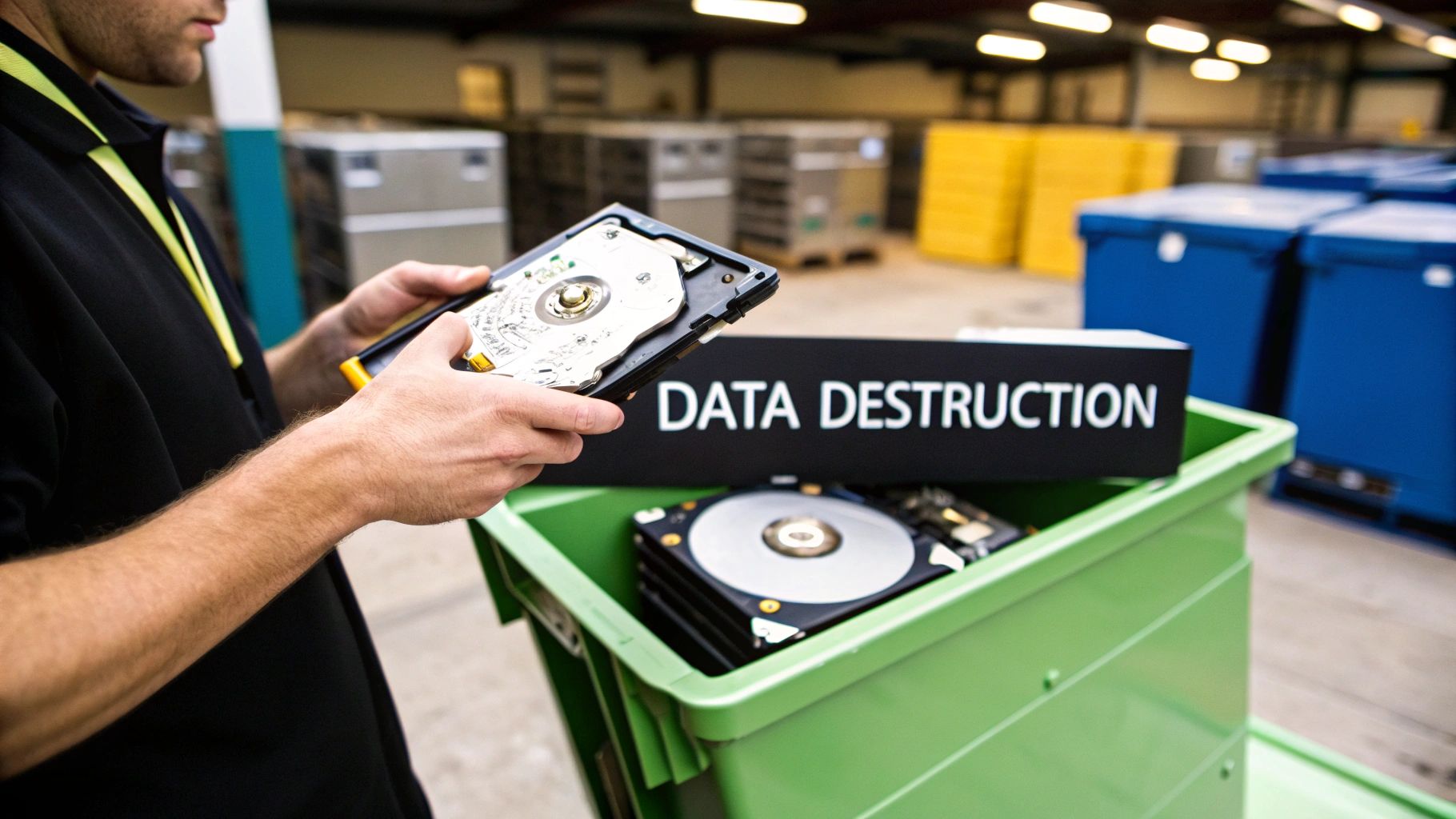 A person holds a hard drive above a green bin labeled 'DATA DESTRUCTION' in a facility.