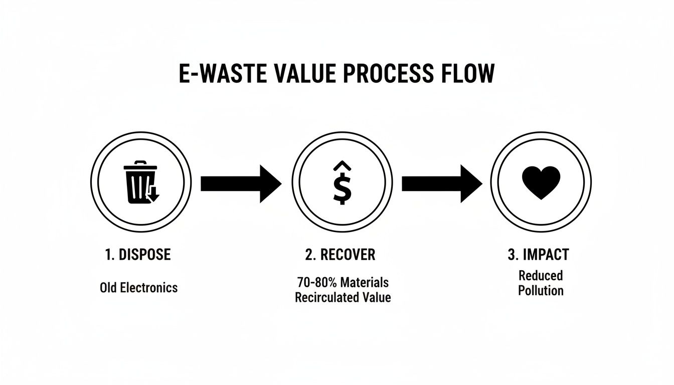 Flowchart showing the e-waste value process: dispose old electronics, recover materials, and reduce pollution.