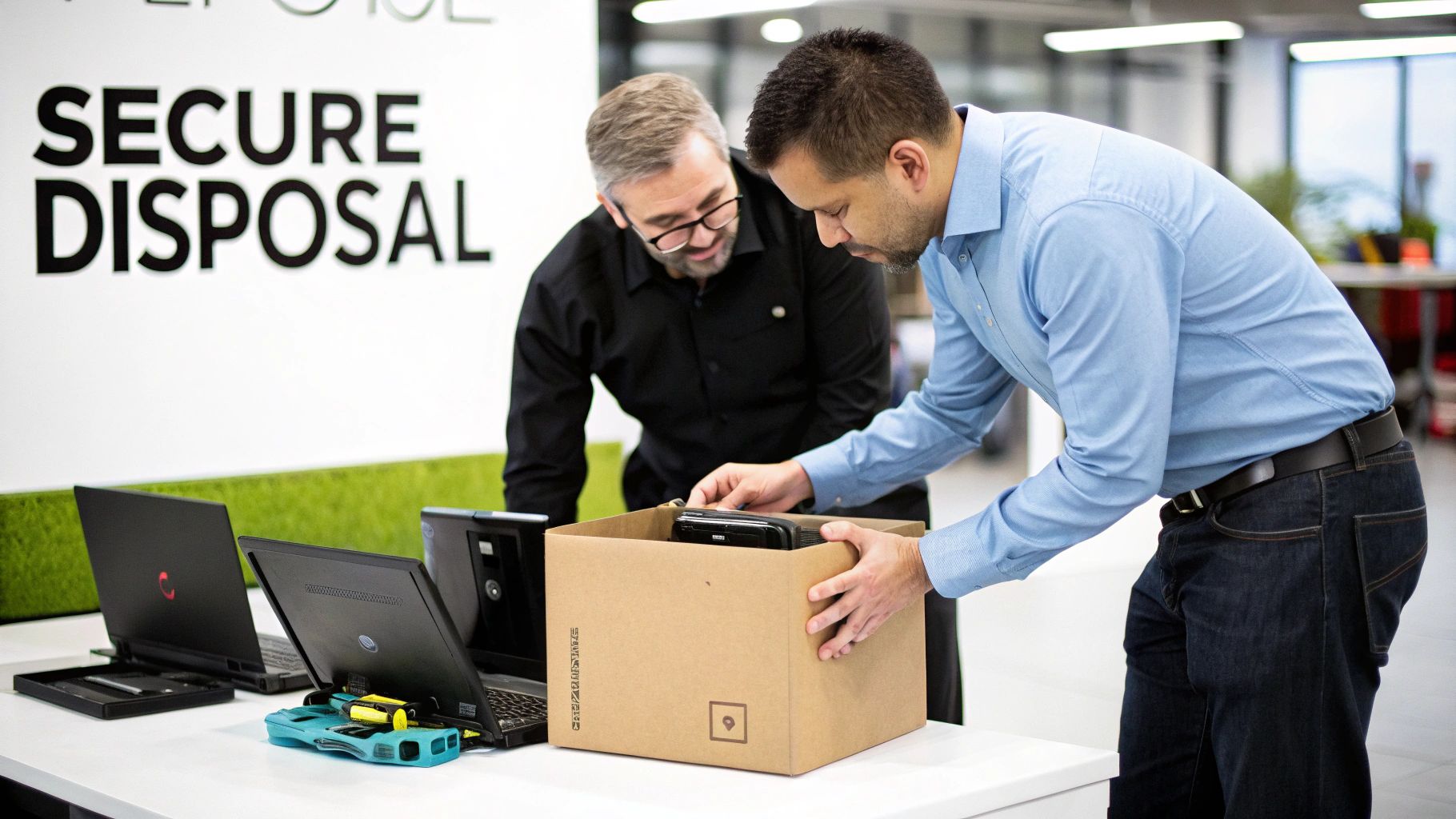 Two men in an office packing electronics into a box for secure disposal.