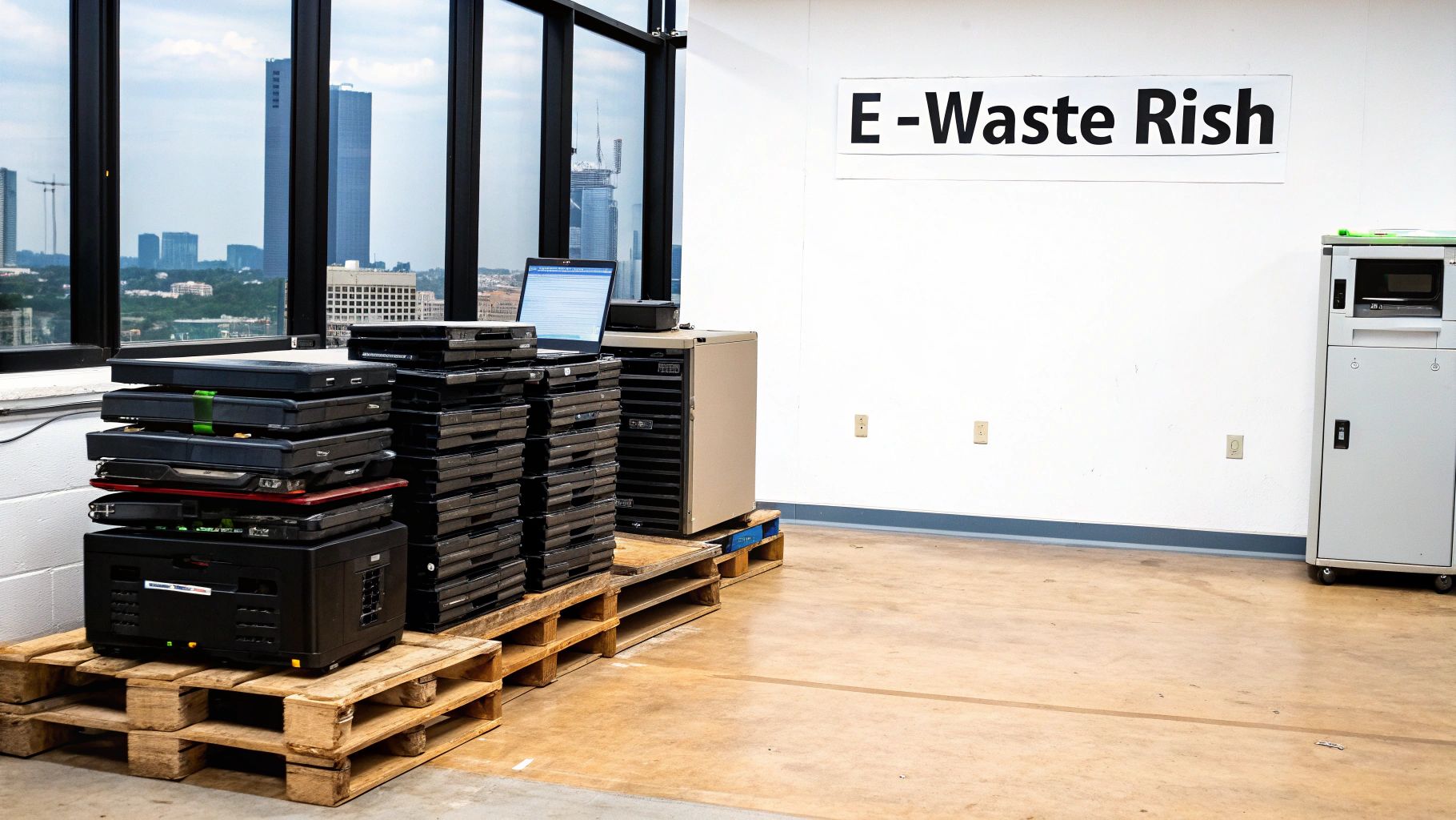 Stacks of old laptops and computer equipment on pallets, indicating an e-waste collection point.