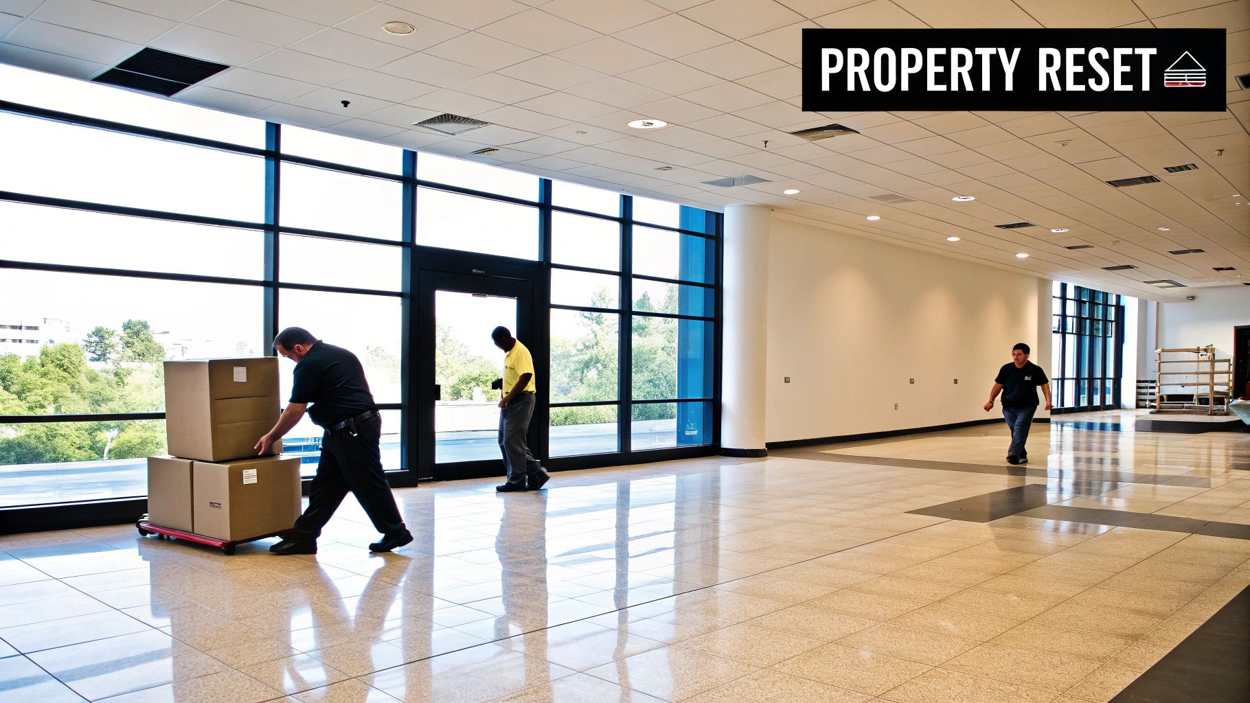 Men moving boxes and walking in a large, modern commercial building with tall windows and tiled floors.