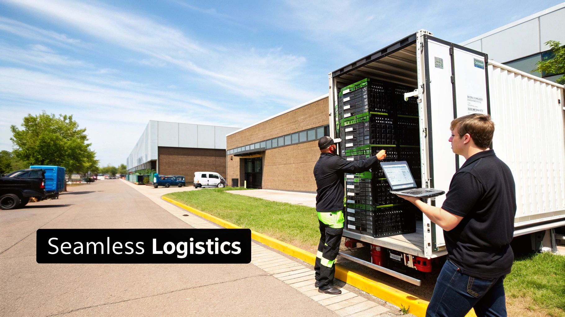 Two men managing e-waste recycling logistics, loading electronic equipment into a truck.