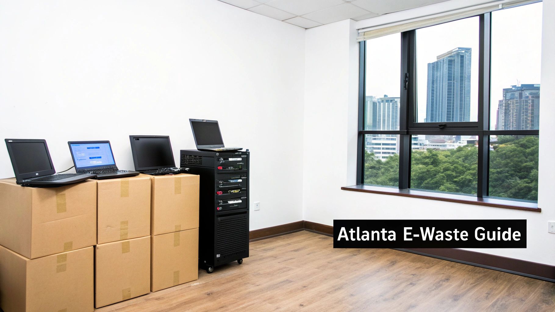 A neatly organized warehouse with pallets of computers ready for recycling