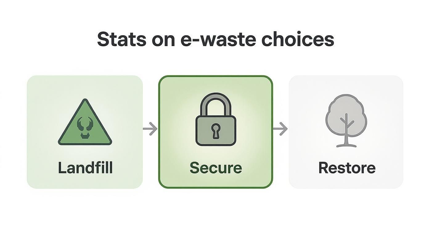 Flowchart illustrating e-waste choices: Landfill (toxic waste), Secure (padlock), and Restore (tree).
