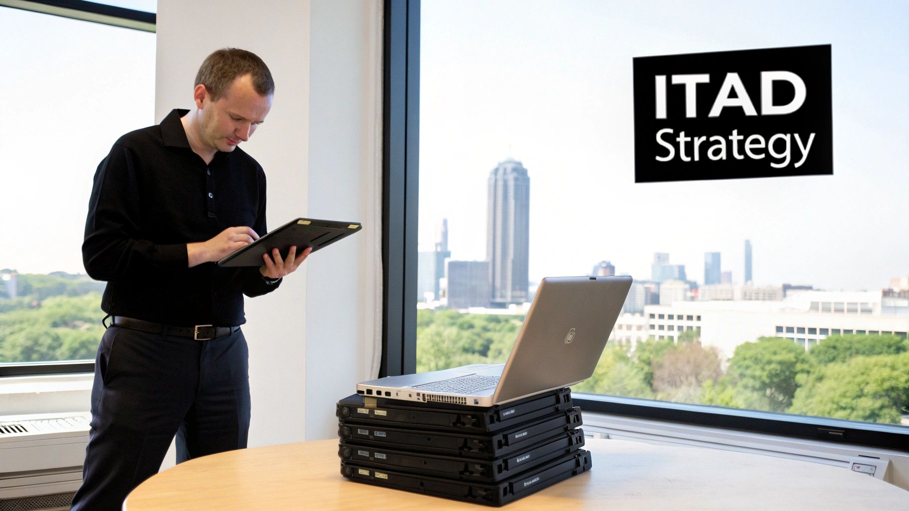 Man using a tablet in an office with a city view, next to a stack of laptops.