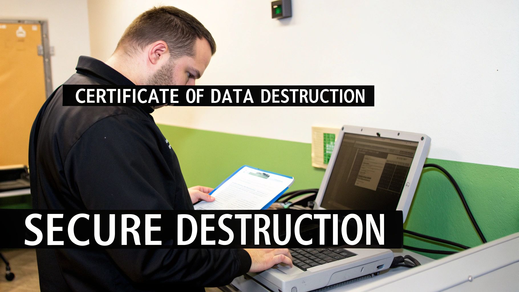 A technician works on a laptop, holding a clipboard, overseeing data destruction for secure electronics recycling.