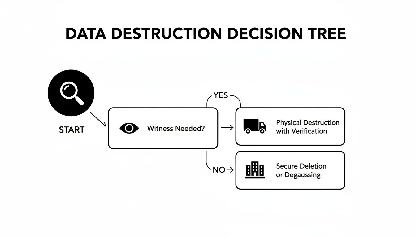 A data destruction decision tree flowchart outlining steps based on whether a witness is needed.