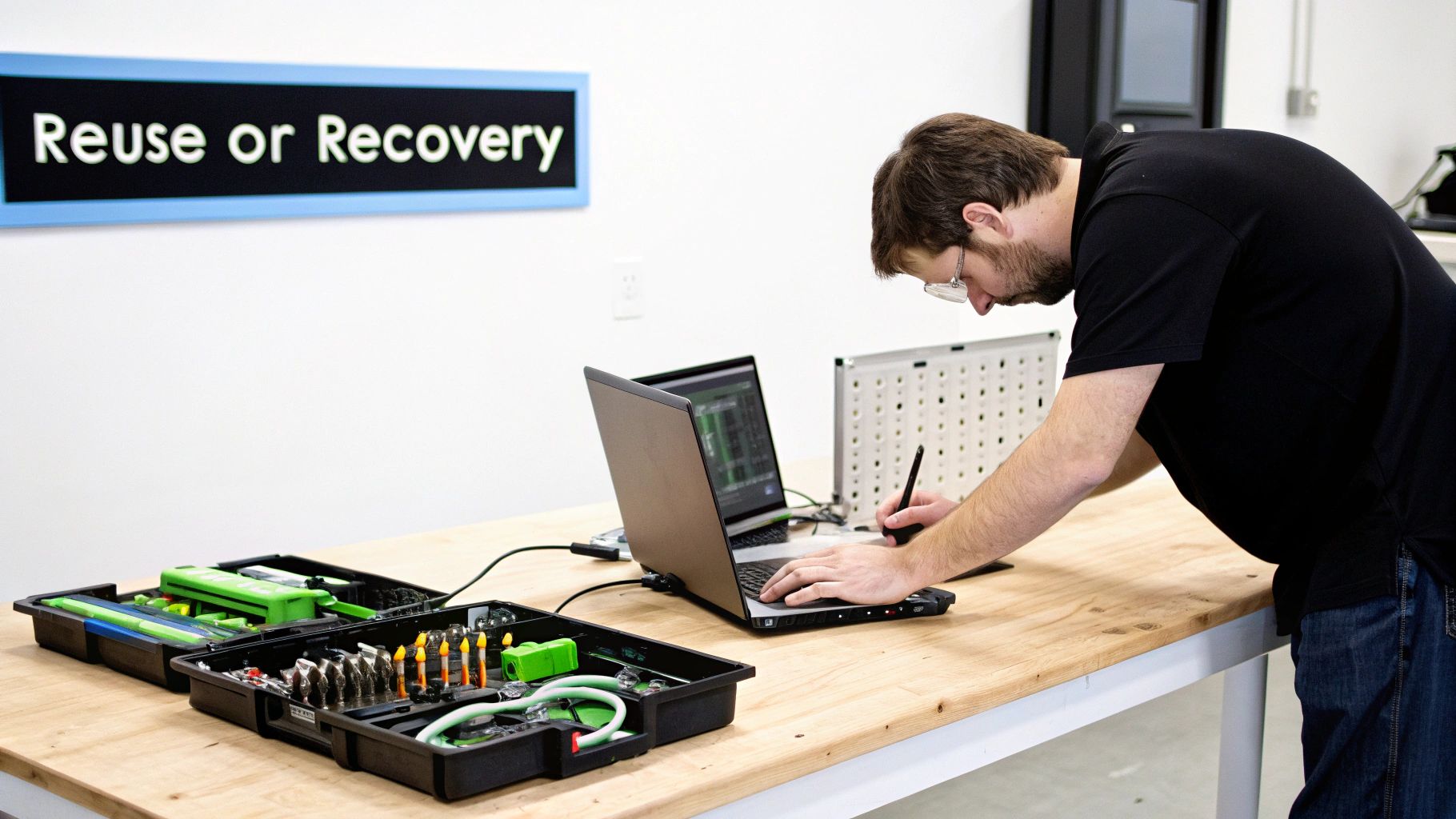 A man works on a laptop at a wooden table, surrounded by toolboxes and components, under a 'Reuse or Recovery' sign.