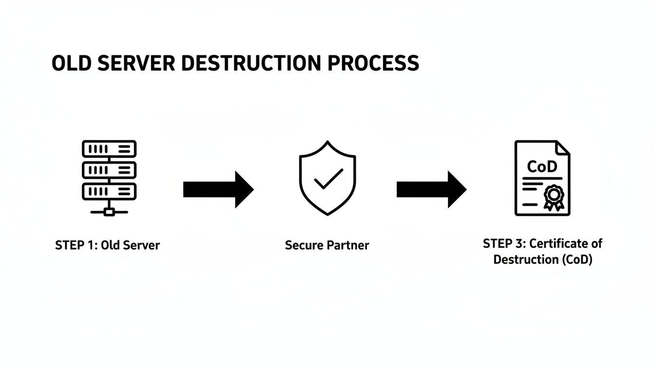 A process diagram showing old server destruction, involving a secure partner and issuing a Certificate of Destruction (CoD).