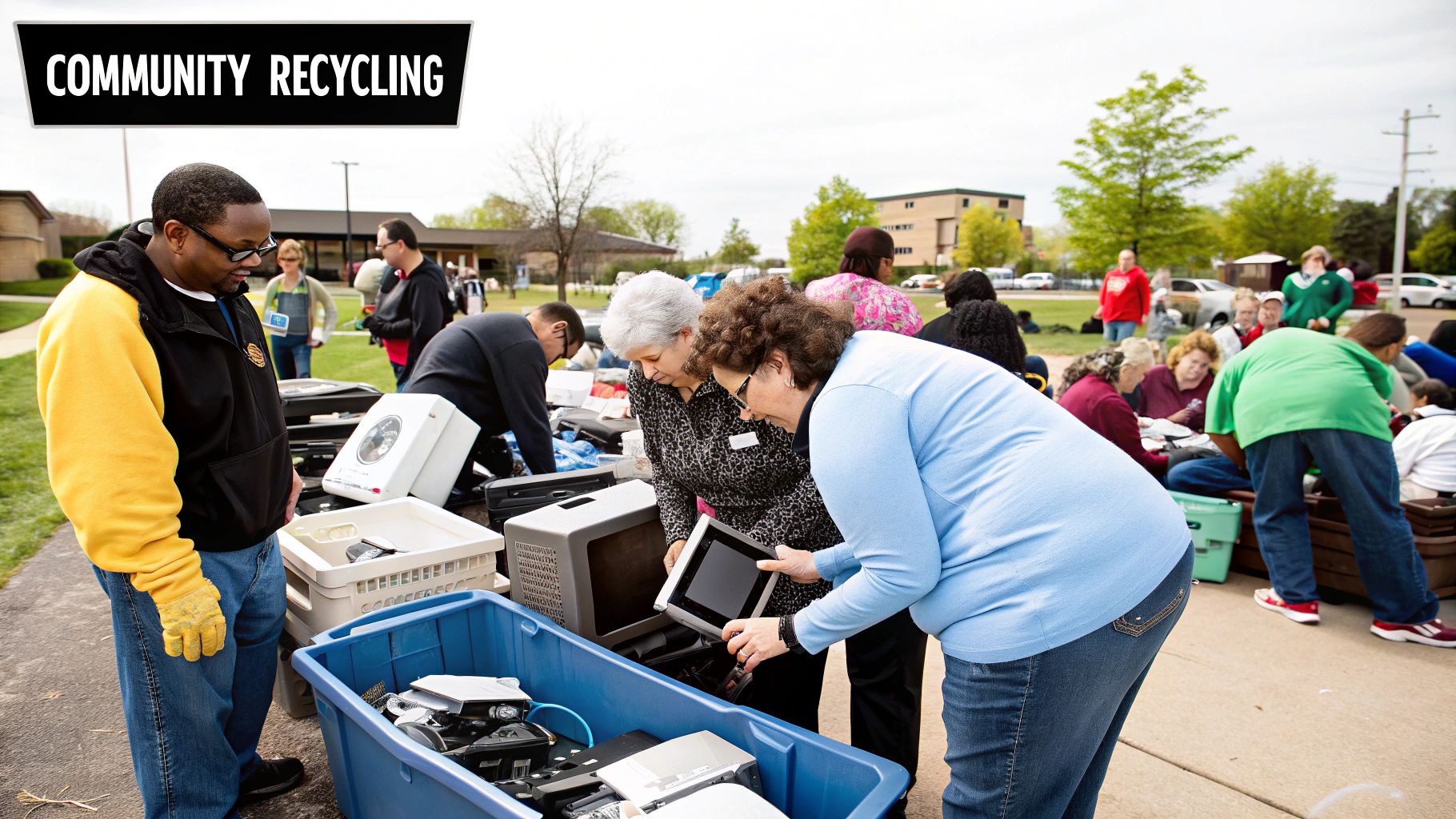 A group of volunteers planting trees in a park, representing community action and environmental stewardship.