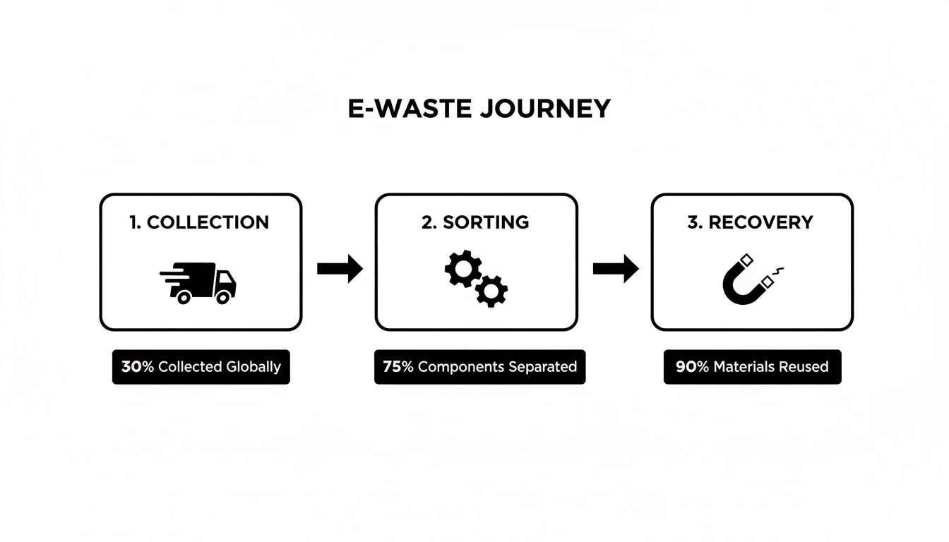 Flowchart illustrating the e-waste journey: collection, sorting, and recovery with global percentages.