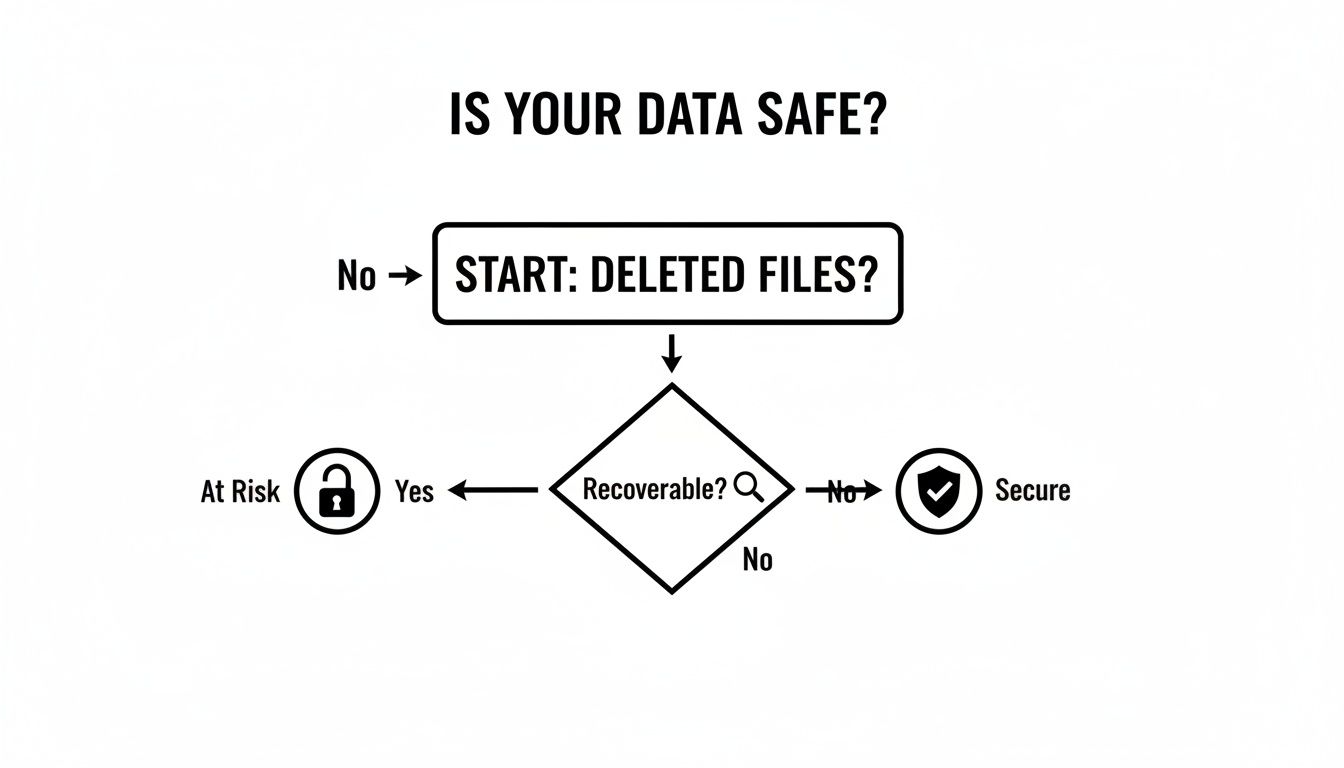 Flowchart illustrating data safety: if deleted files are recoverable, data is at risk; otherwise, it's secure.