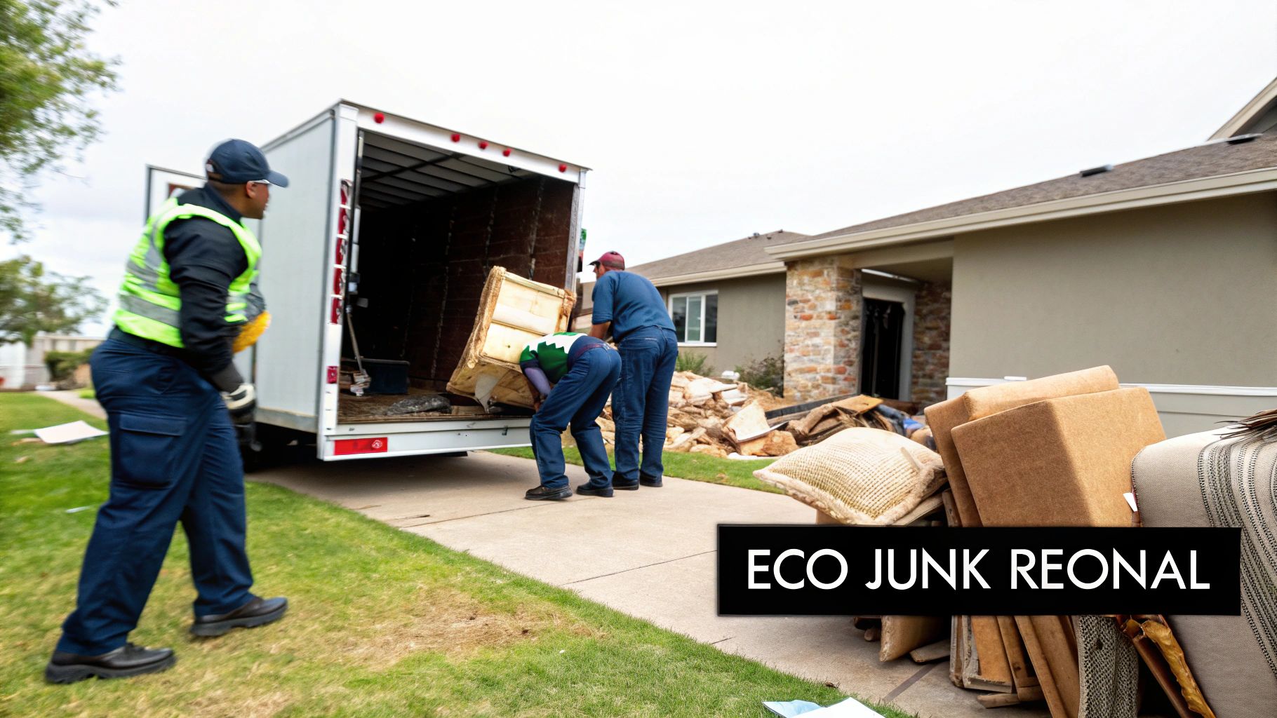 Two junk removal professionals carrying an old armchair out of a house.
