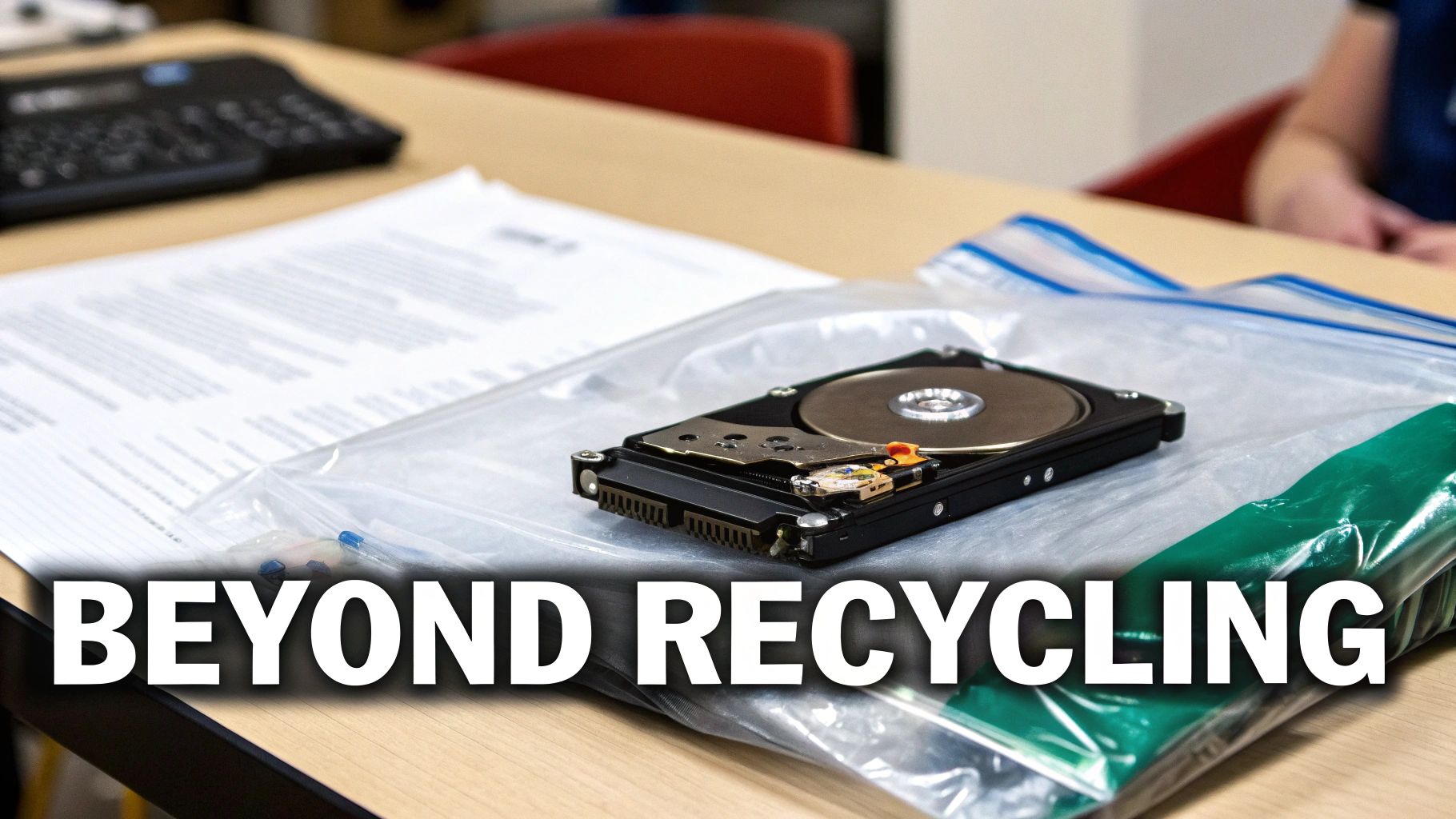 An opened hard drive in a plastic bag on a table, with documents, suggesting secure data disposal.