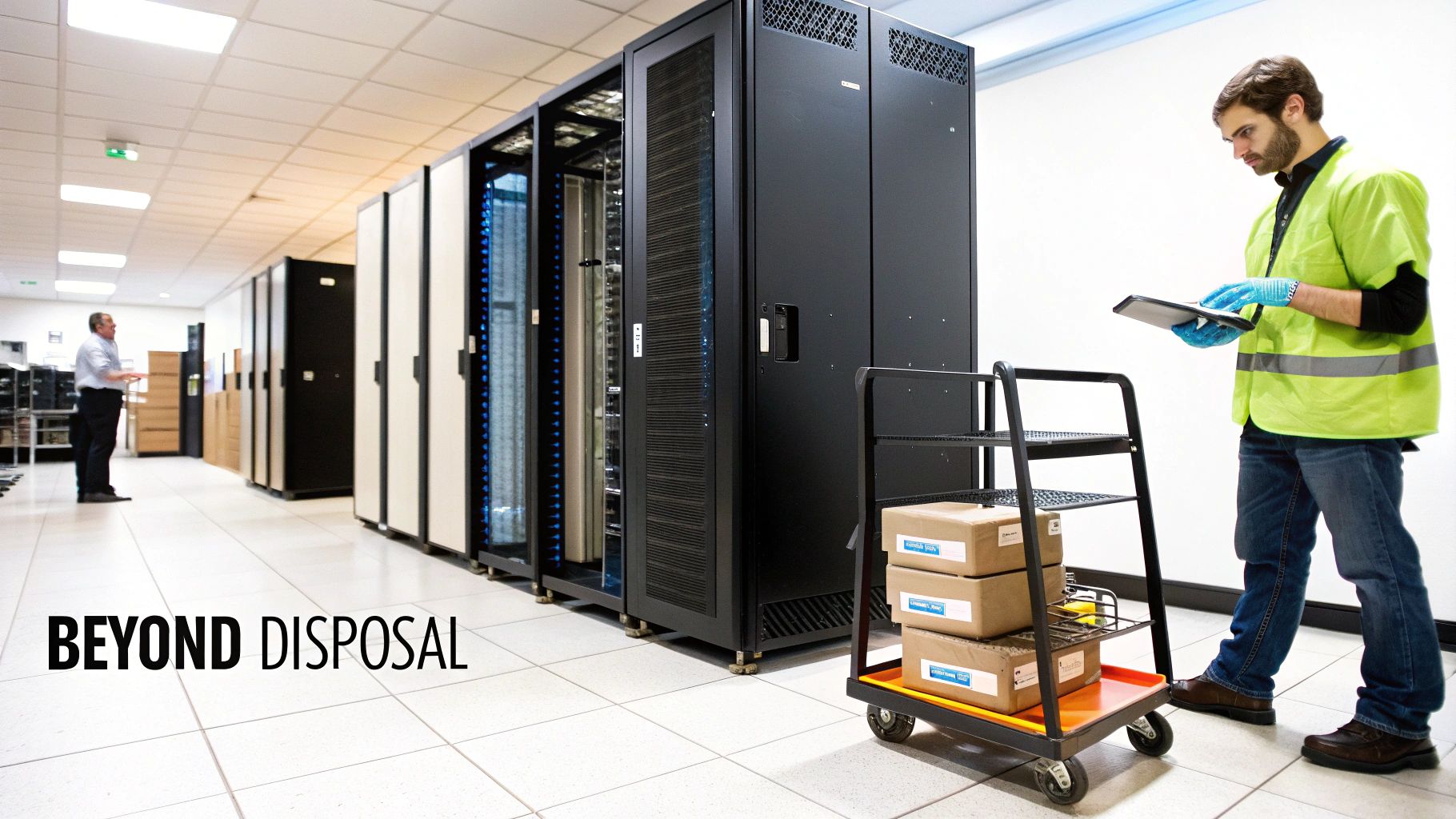 A technician in a data center reviews equipment on a tablet next to boxes on a trolley.