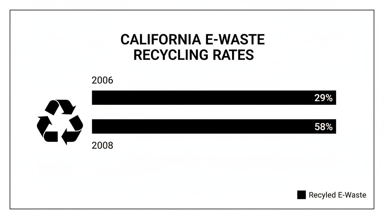 Bar chart displaying California E-waste recycling rates: 29% in 2006 and 58% in 2008.