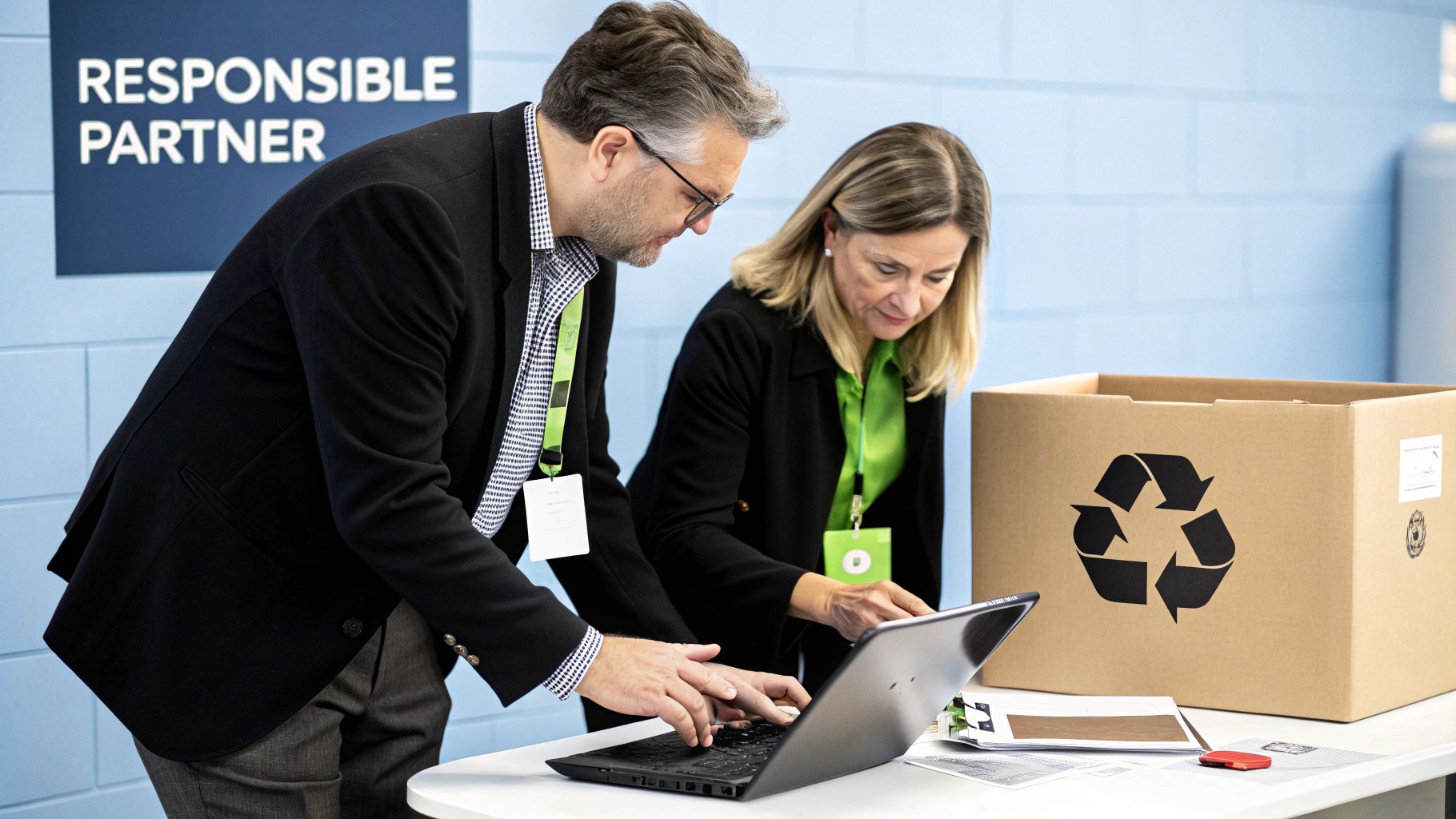 Two colleagues work on a laptop beside a recycling box, promoting responsible partnership.