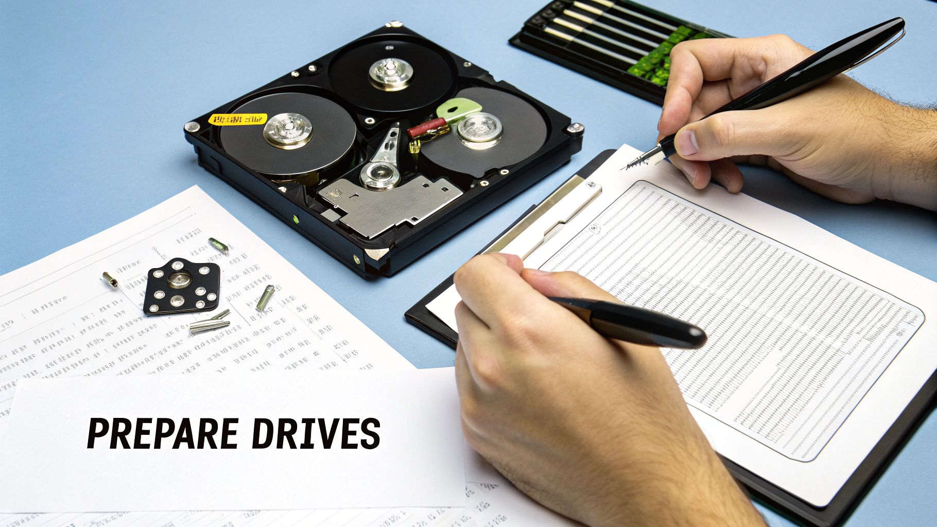 Person writing on paper next to an open hard drive, illustrating drive preparation or data handling.