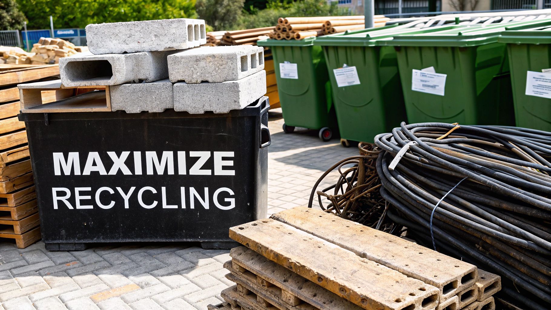 Construction recycling station with concrete blocks, wooden pallets, and green waste bins at disposal site