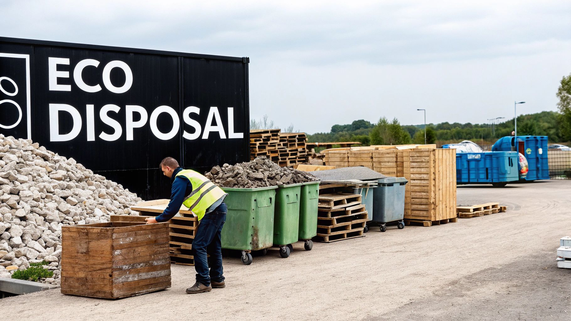 A man in a high-vis vest working at an eco disposal site with bins and debris.