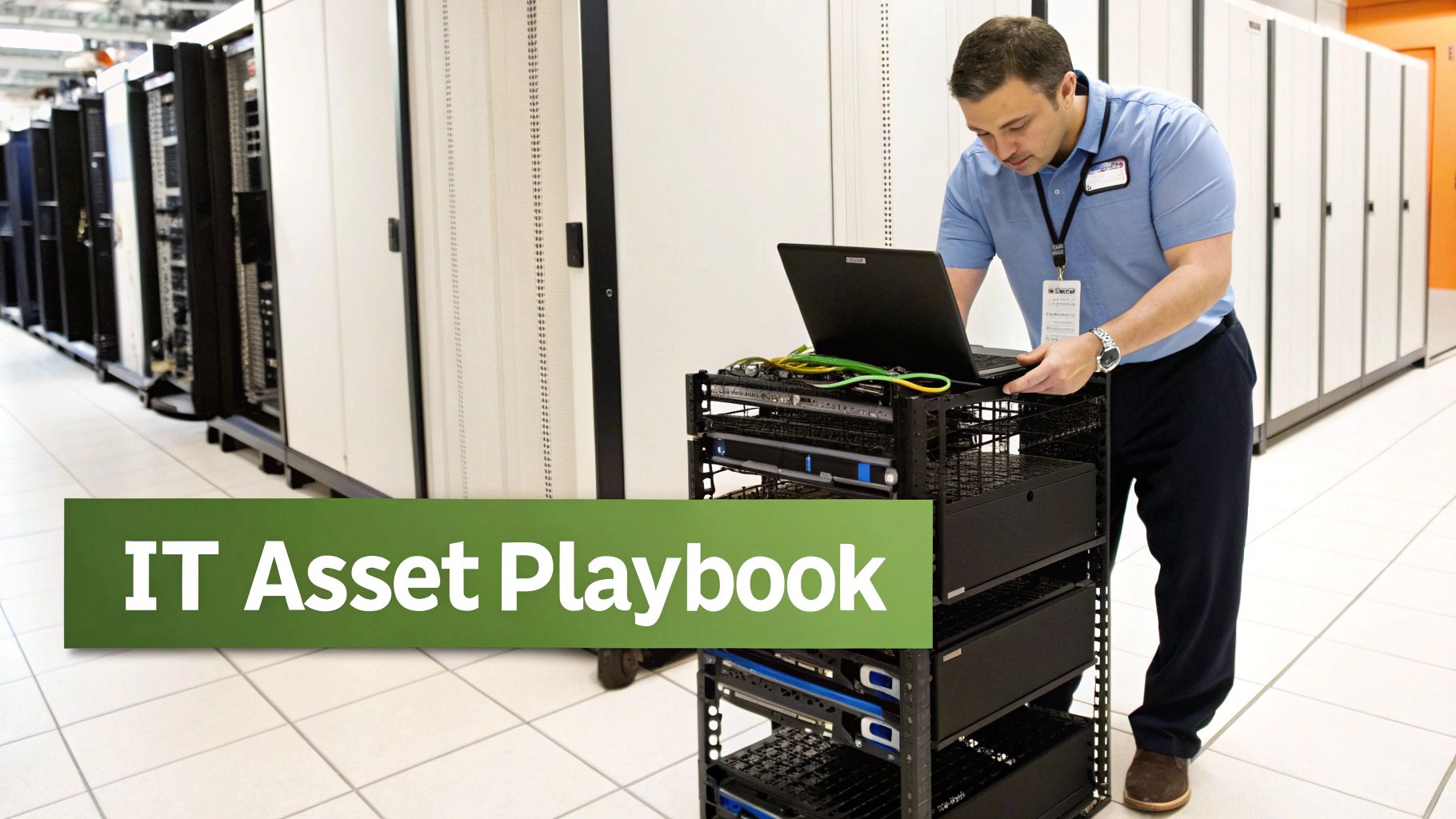 A team of IT professionals carefully handling old servers in a data center, preparing them for IT asset disposition.