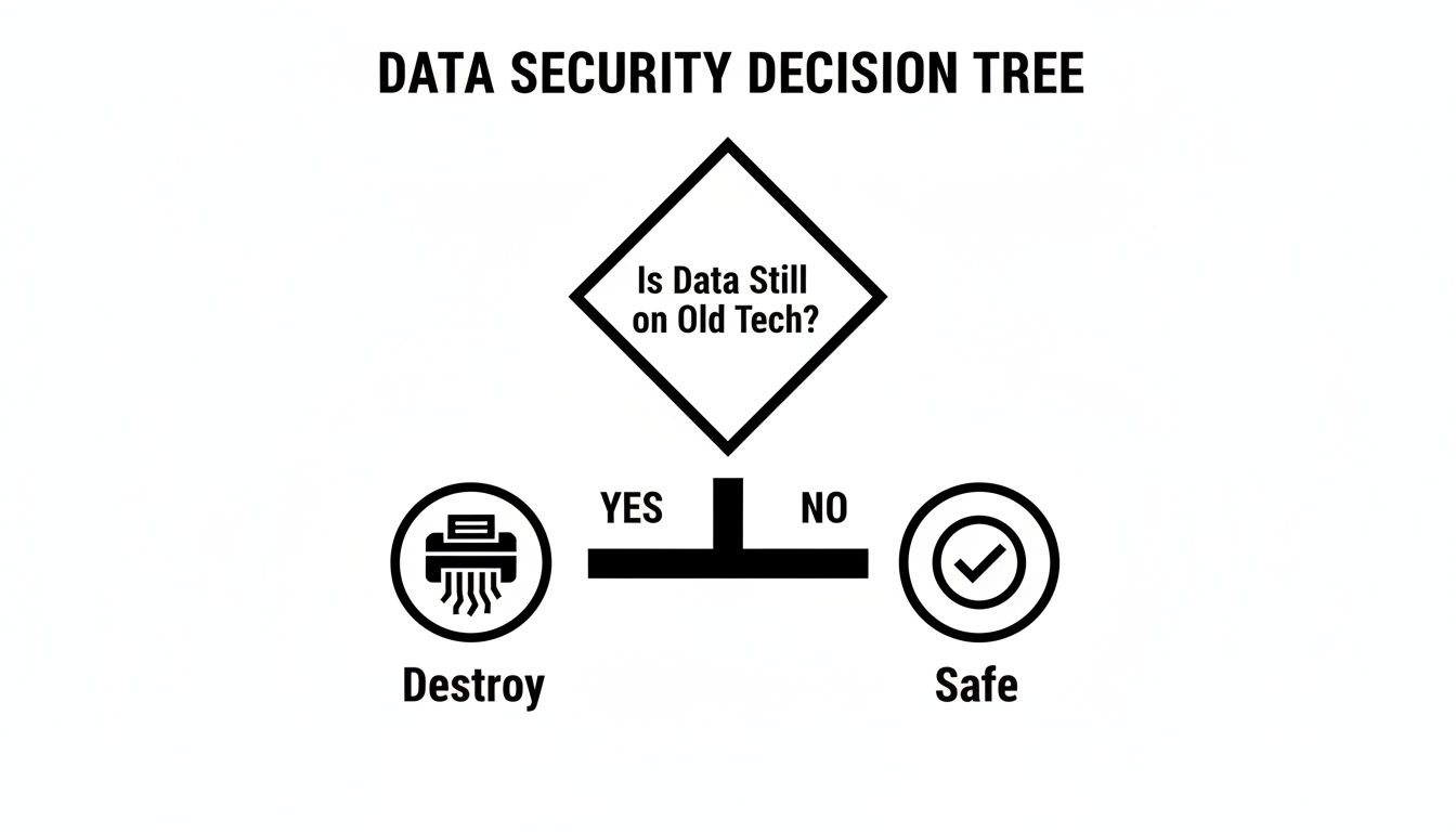 A data security decision tree flowchart asking 'Is Data Still on Old Tech?'. Yes leads to Destroy, No to Safe.