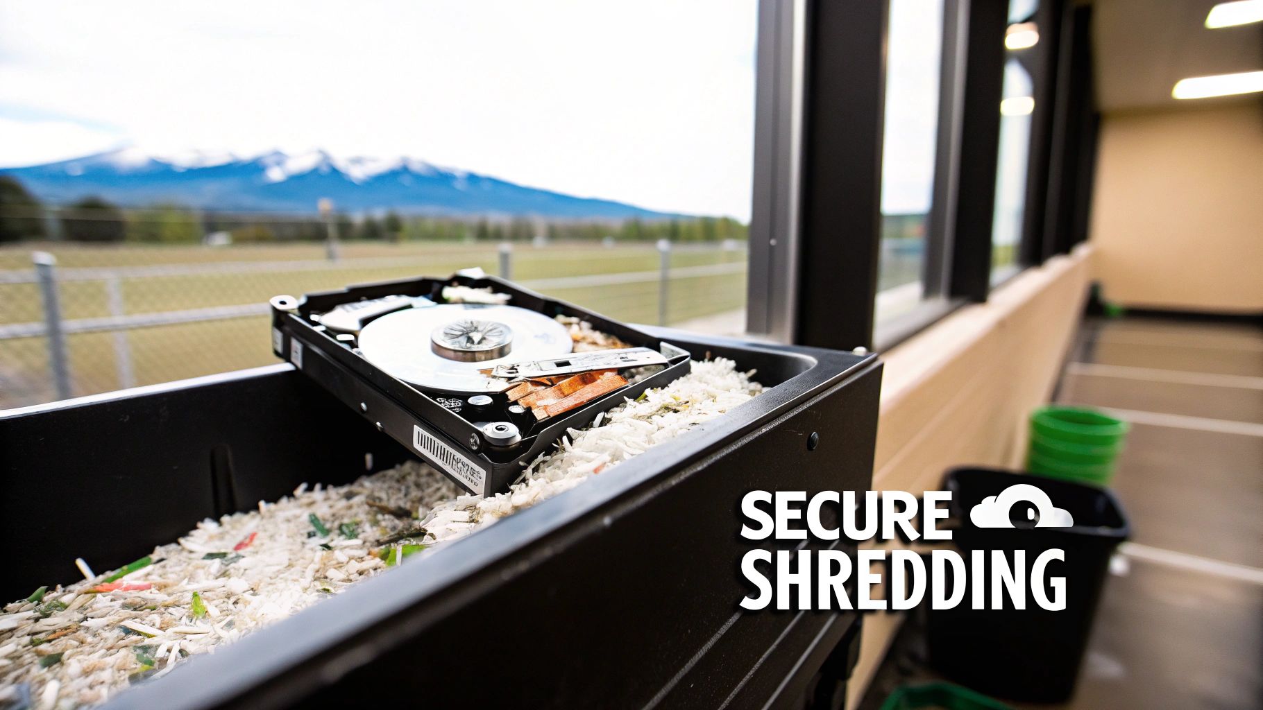 Hard drive placed in a secure shredding bin with shredded paper, emphasizing data destruction services in Colorado by Beyond Surplus.